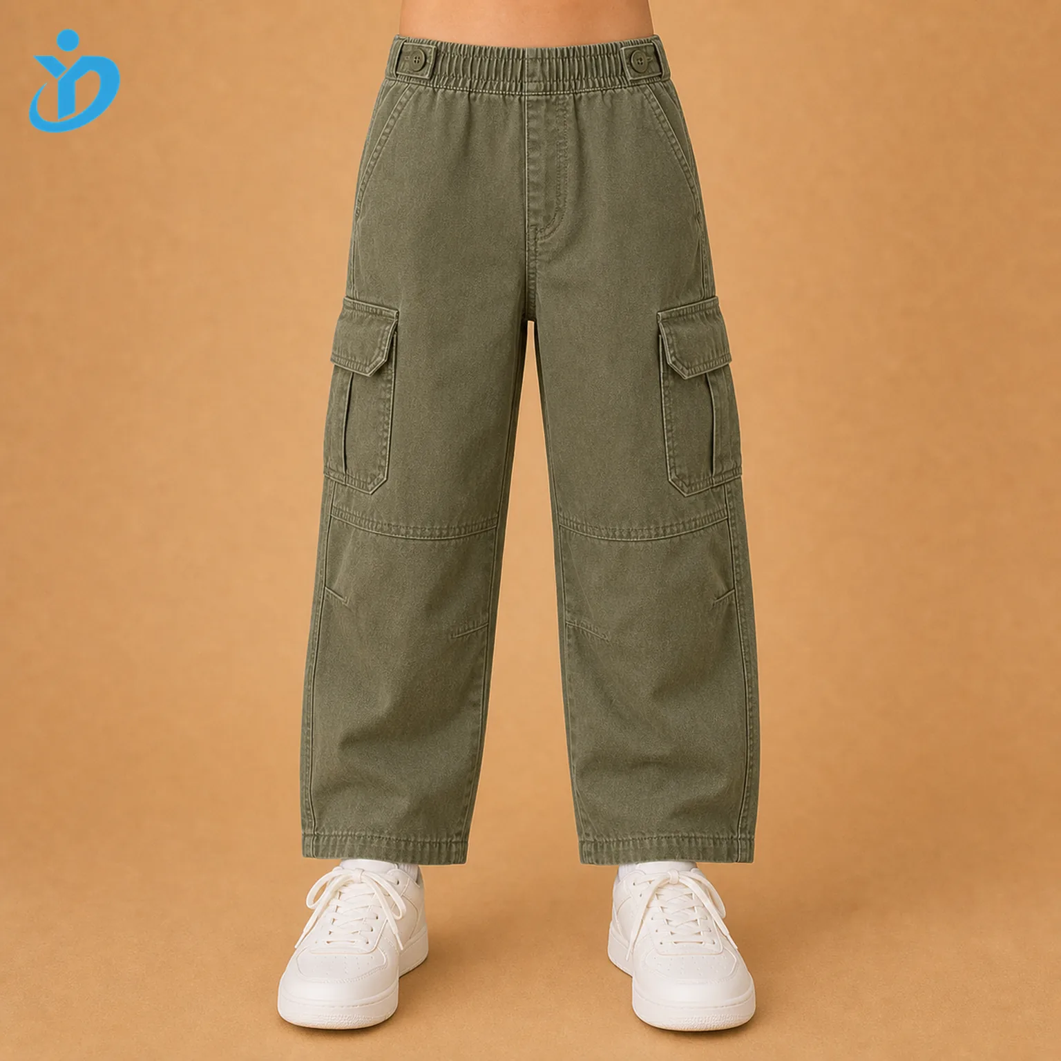 Lower body front view of custom kids washed twill cargo pants in olive green with loose straight leg, adjustable elastic waist, 3D flap cargo pockets, knee seam panels and Dongguan Yidi Clothing Co Ltd transparent logo