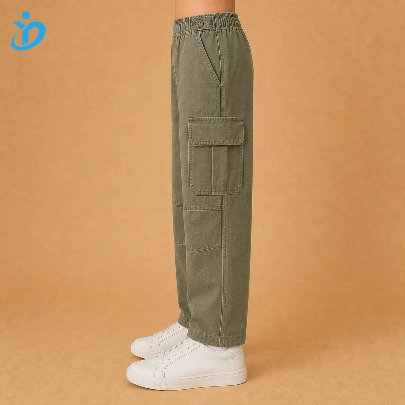 Lower body side view of custom kids washed twill cargo pants showing olive green twill fabric, side cargo flap pocket, adjustable waist tab, knee seam panel and Dongguan Yidi Clothing Co Ltd transparent logo