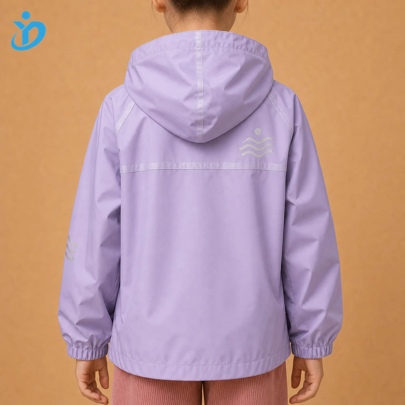 Upper body back view of custom kids waterproof rain jacket with light lavender hood, taped seams, reflective back print, elastic cuffs and Dongguan Yidi Clothing Co Ltd transparent logo