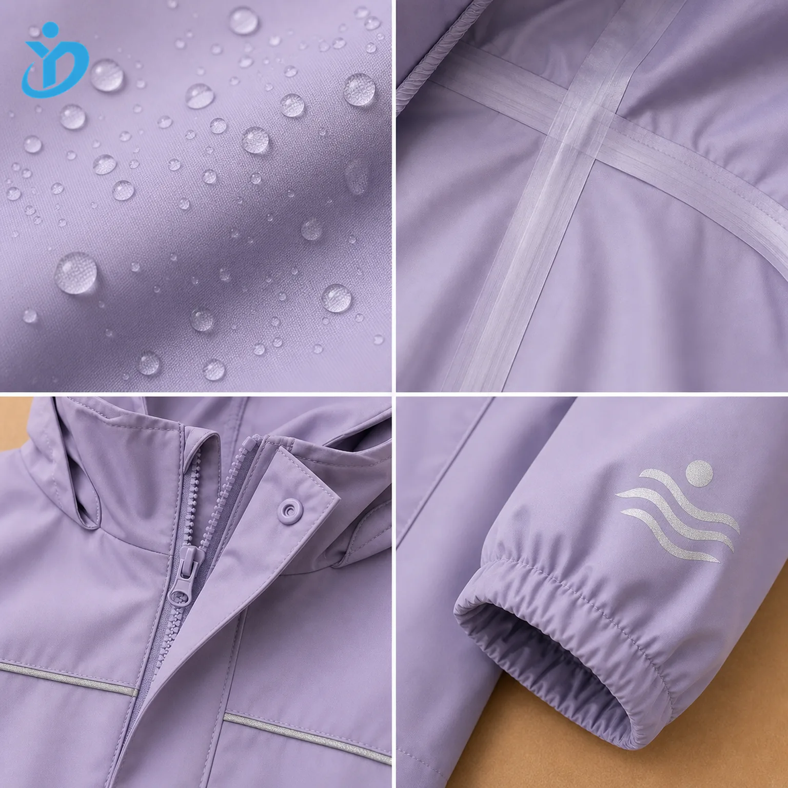 Detail grid for custom kids waterproof rain jacket showing water repellent beading, taped seam, storm flap zipper, elastic cuff, reflective heat transfer print and Dongguan Yidi Clothing Co Ltd transparent logo