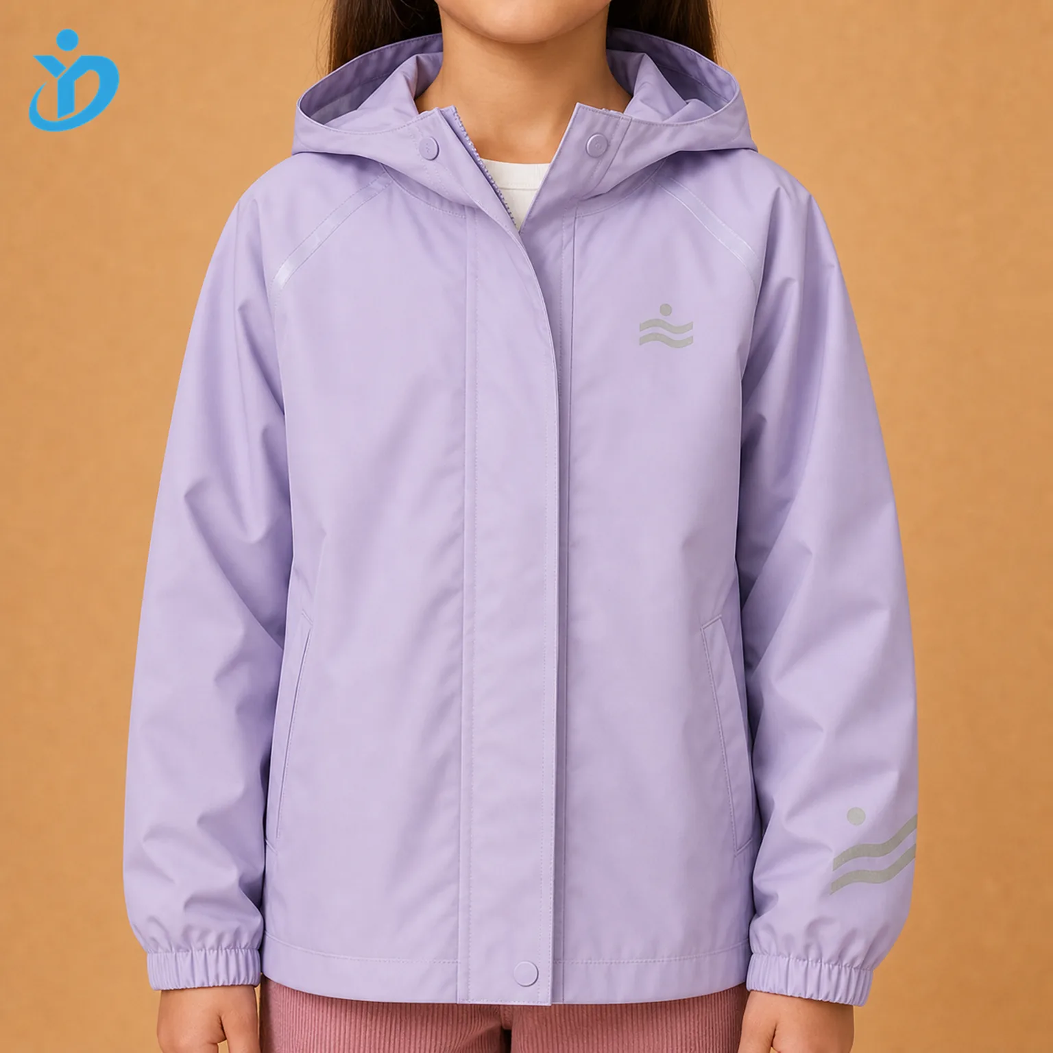 Upper body front view of custom kids waterproof rain jacket in light lavender with storm flap, taped seams, elastic cuffs, reflective print and Dongguan Yidi Clothing Co Ltd transparent logo