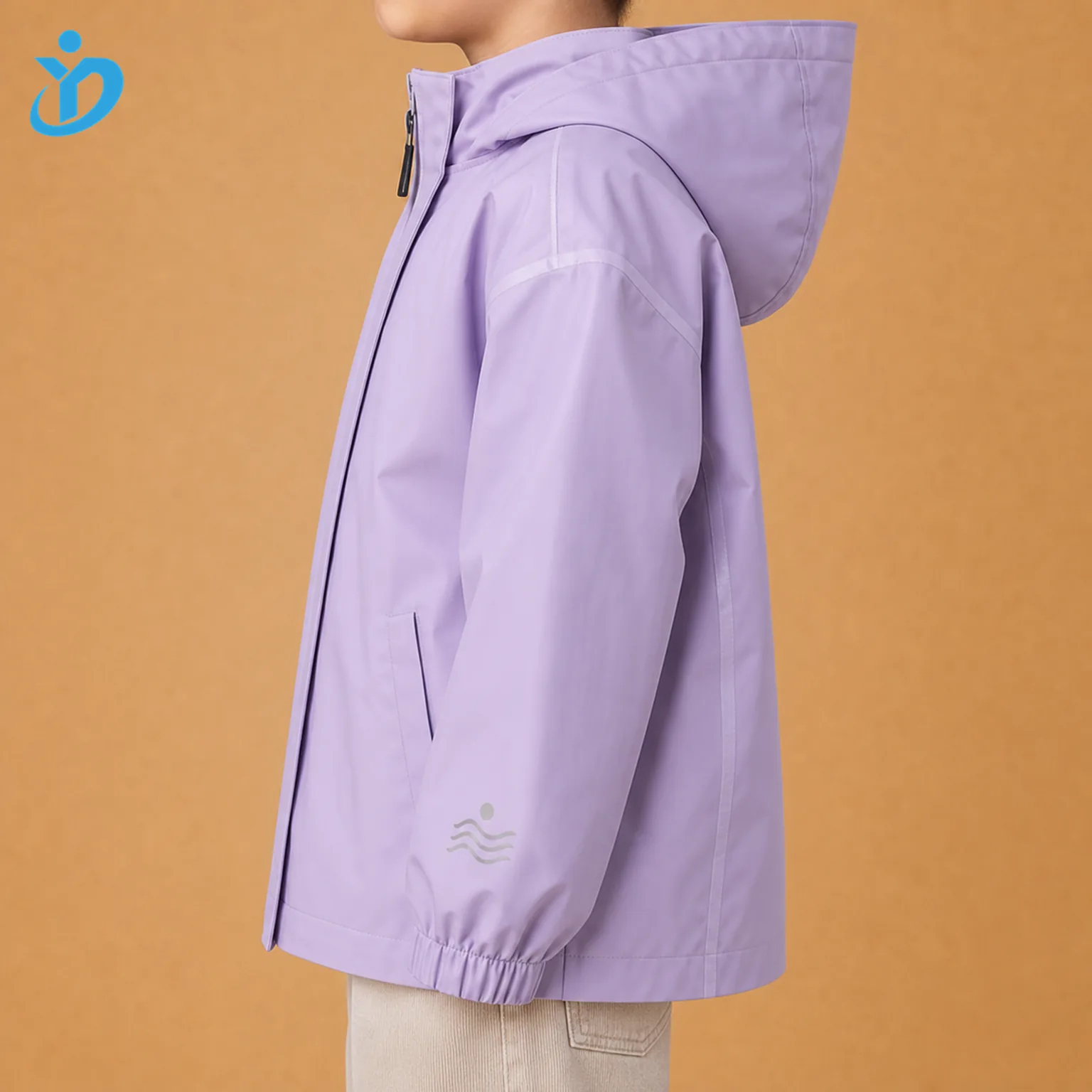 Upper body side view of custom kids waterproof rain jacket showing hood, waterproof shell fabric, windproof placket, elastic cuff, reflective sleeve print and Dongguan Yidi Clothing Co Ltd transparent logo