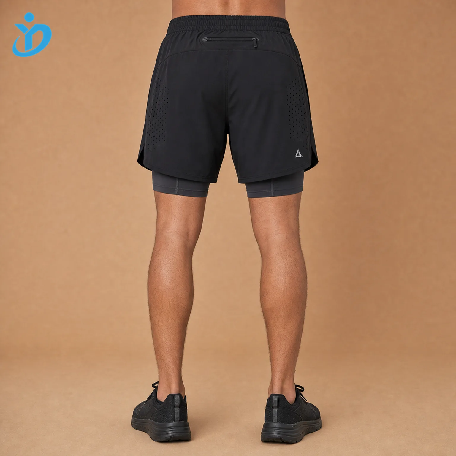 Back view of custom men's 2 in 1 running shorts