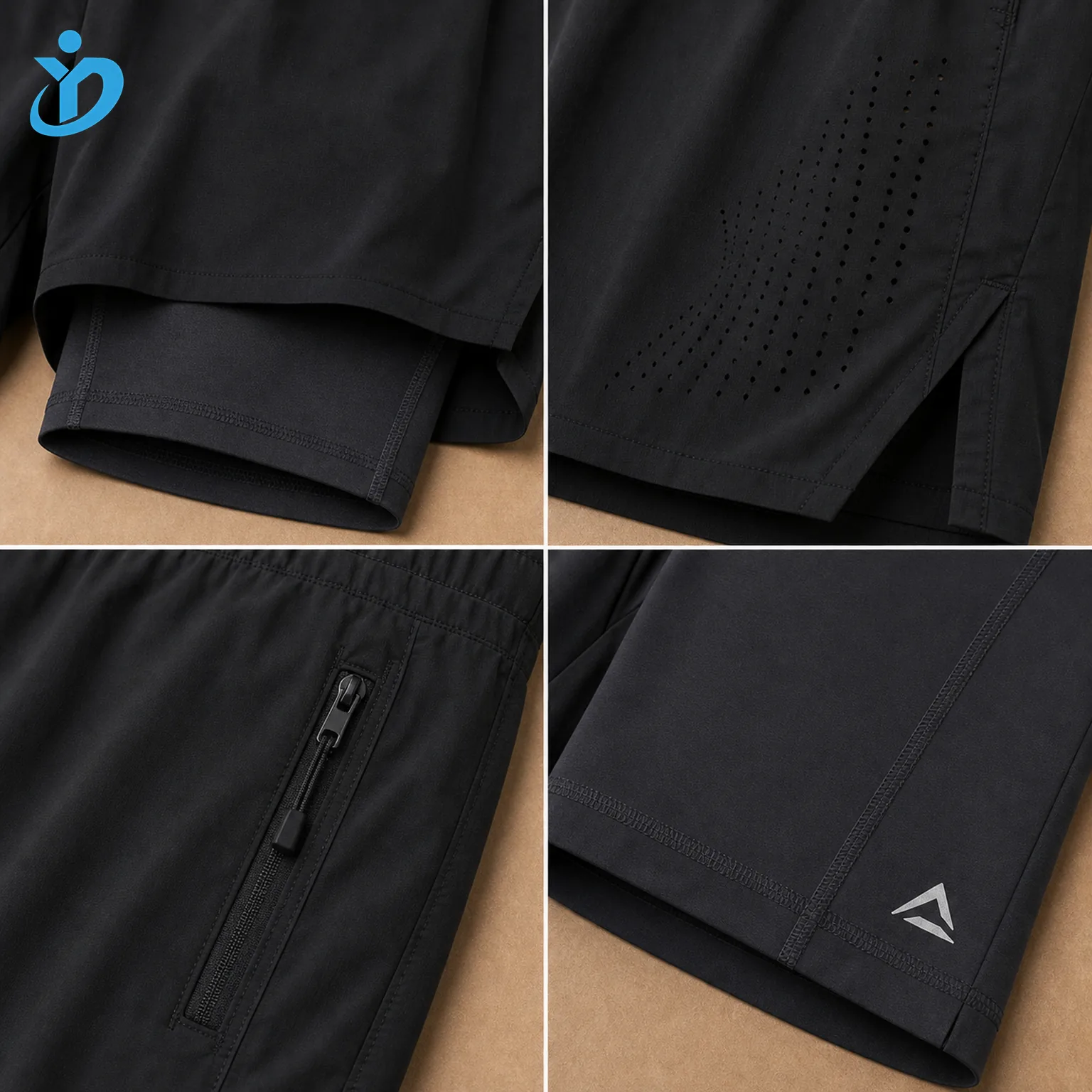 Detail views of custom men's 2 in 1 running shorts
