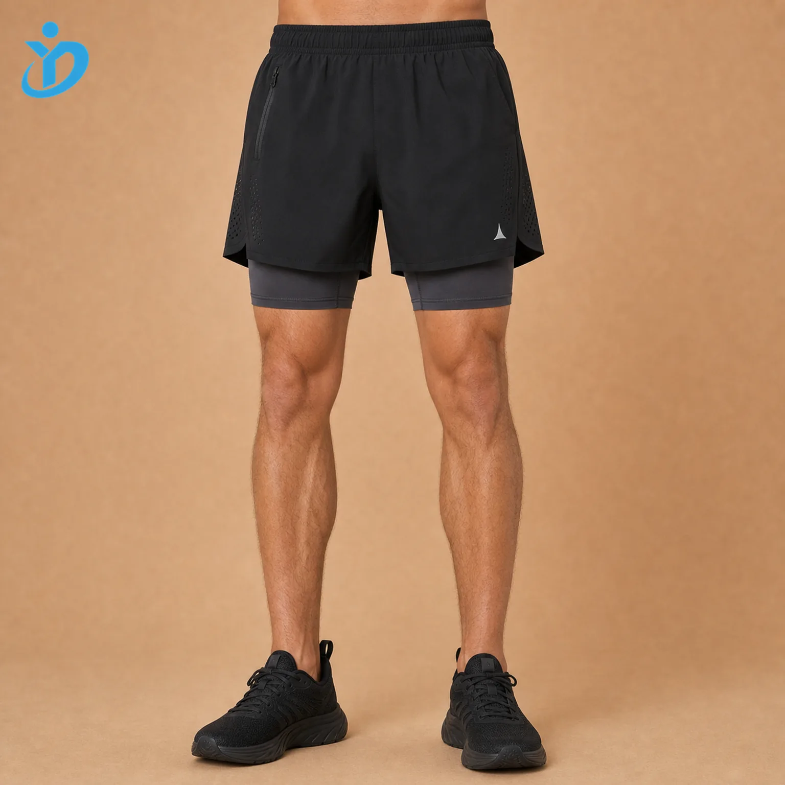 Lower body front view of custom mens 2-in-1 running shorts in matte black lightweight woven outer shell with charcoal compression liner quick dry fabric laser ventilation holes reflective logo and Dongguan Yidi Clothing Co Ltd transparent logo
