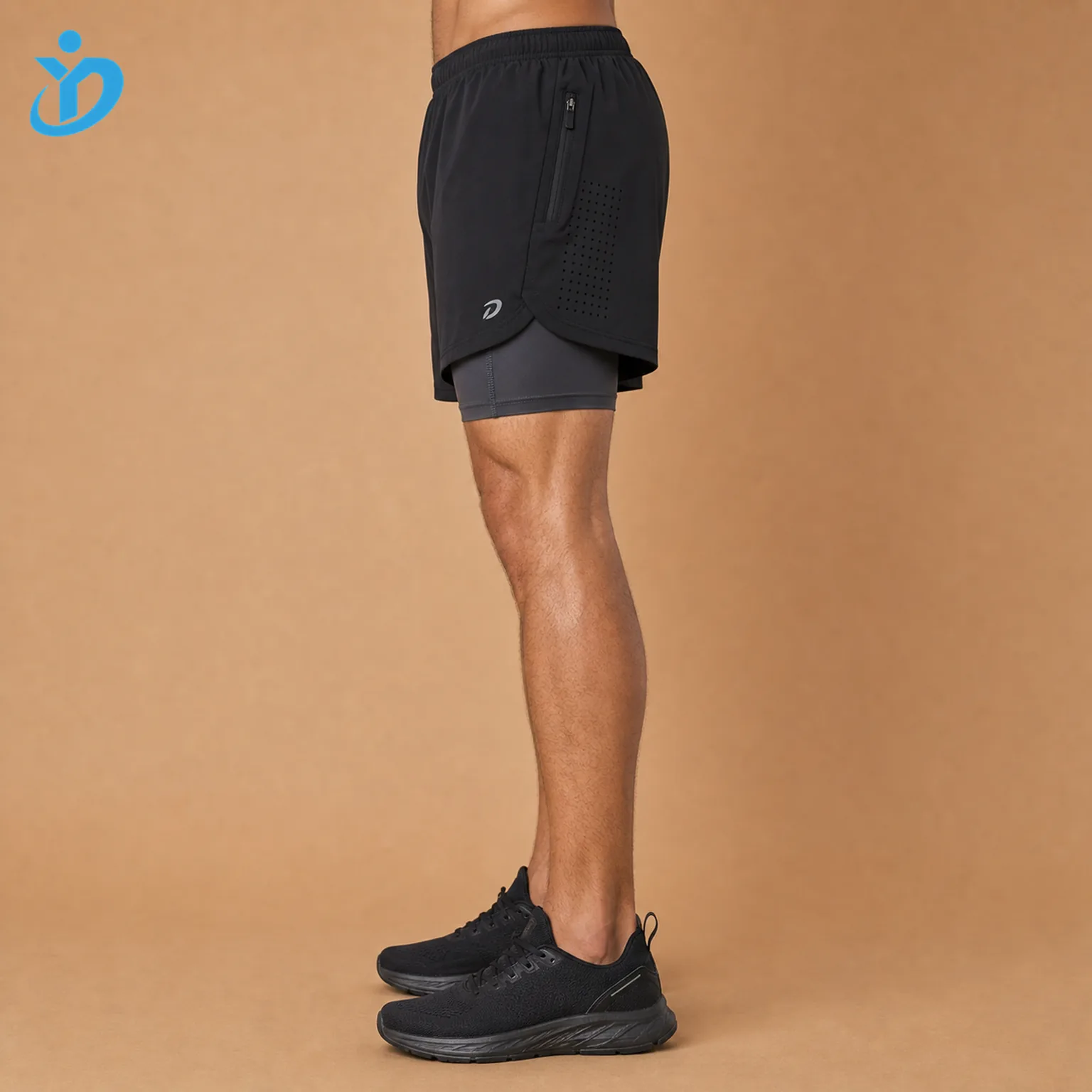Side view of custom men's 2 in 1 running shorts