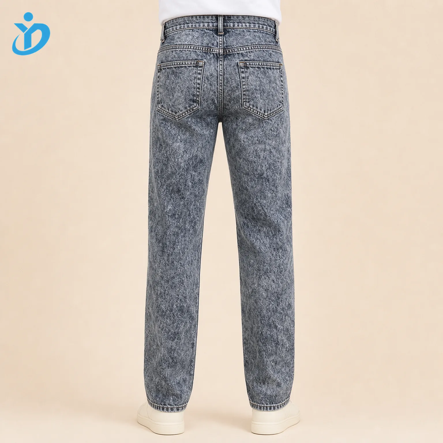Custom mens acid wash straight leg denim jeans back view lower body model with back pockets straight leg fit acid wash and Dongguan Yidi Clothing Co Ltd transparent logo