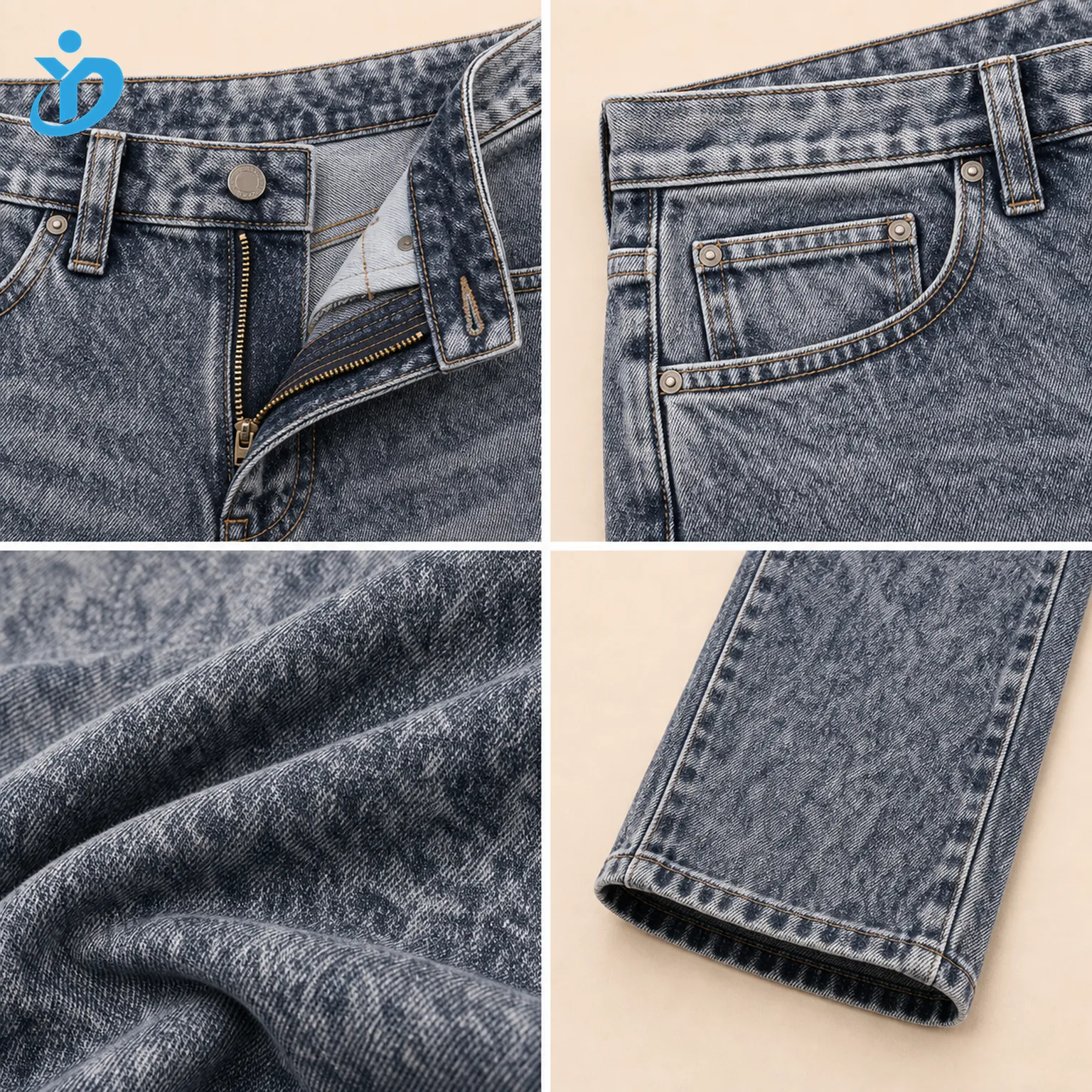 Custom mens acid wash straight leg denim jeans detail grid showing waistband zipper fly coin pocket acid wash denim fabric hem stitching and Dongguan Yidi Clothing Co Ltd transparent logo