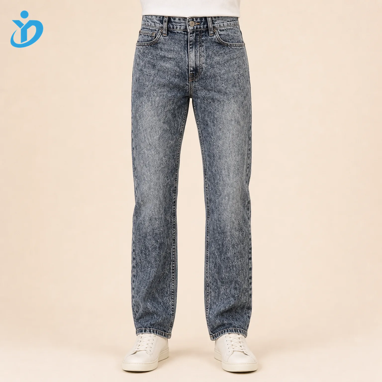 Custom mens acid wash straight leg denim jeans front view lower body model with grey blue acid wash effect and Dongguan Yidi Clothing Co Ltd transparent logo