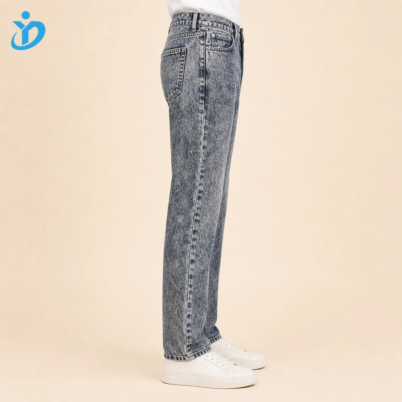 Custom mens acid wash straight leg denim jeans side view lower body model for OEM ODM denim jeans manufacturing with Dongguan Yidi Clothing Co Ltd transparent logo