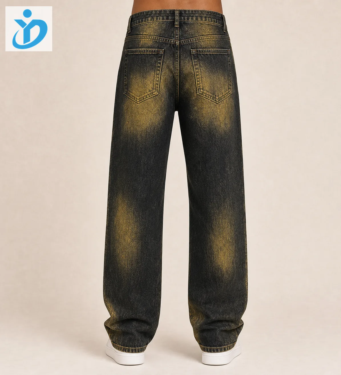 Custom mens black yellow wash denim jeans back view lower body model for private label denim production