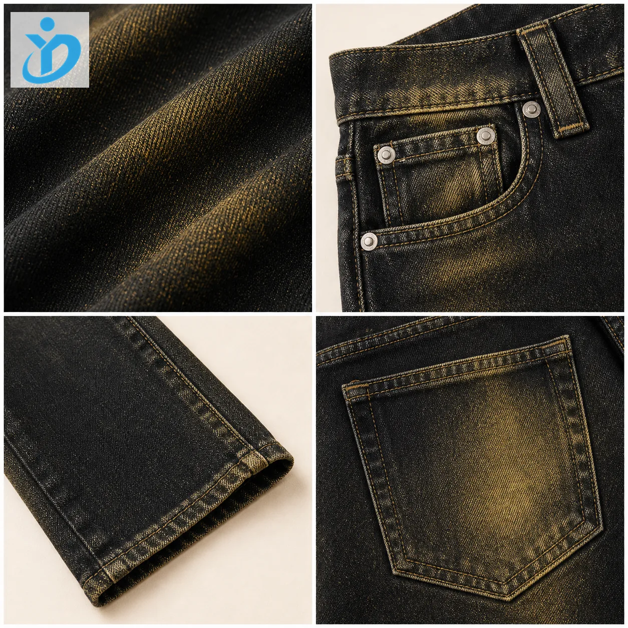 Custom mens black yellow wash denim jeans fabric texture pocket hem seam and yellow wash details
