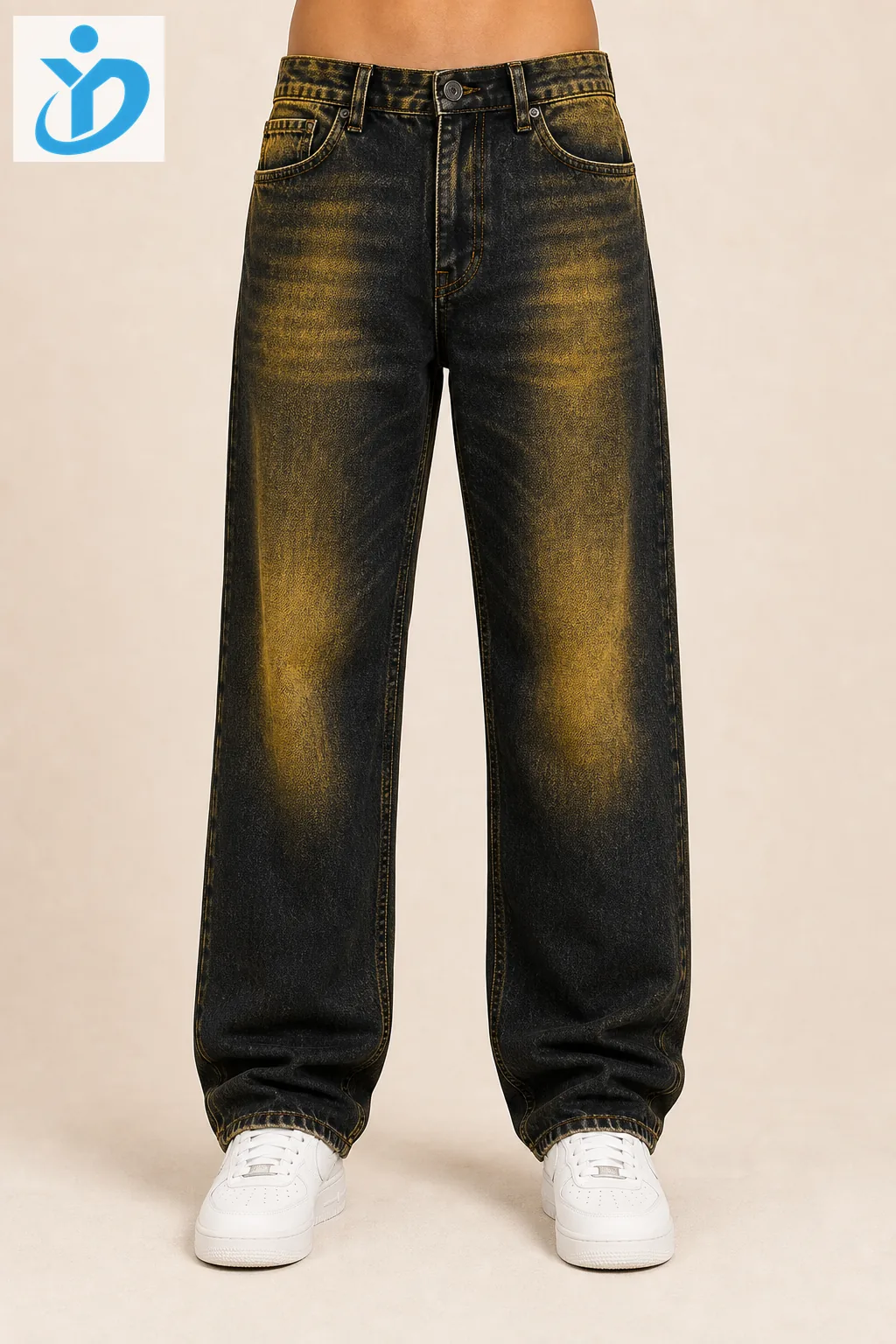 Custom mens black yellow wash denim jeans front view lower body model with yellow wash effect and Dongguan Yidi Clothing Co Ltd logo