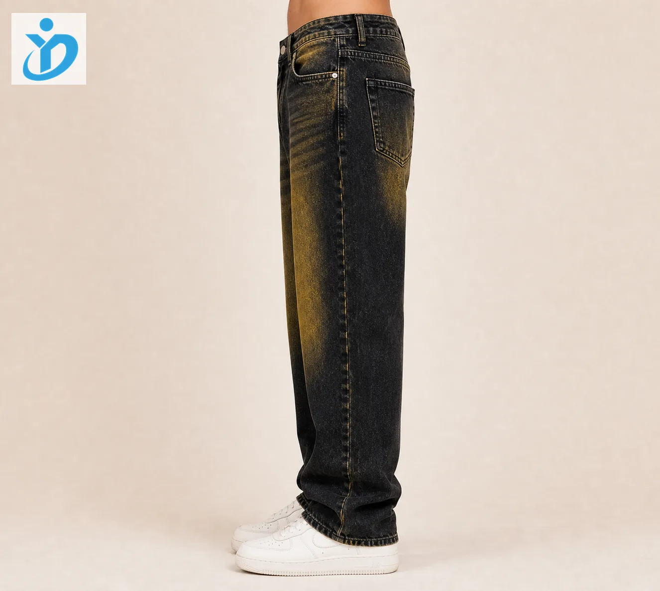 Custom mens black yellow wash denim jeans side view lower body model