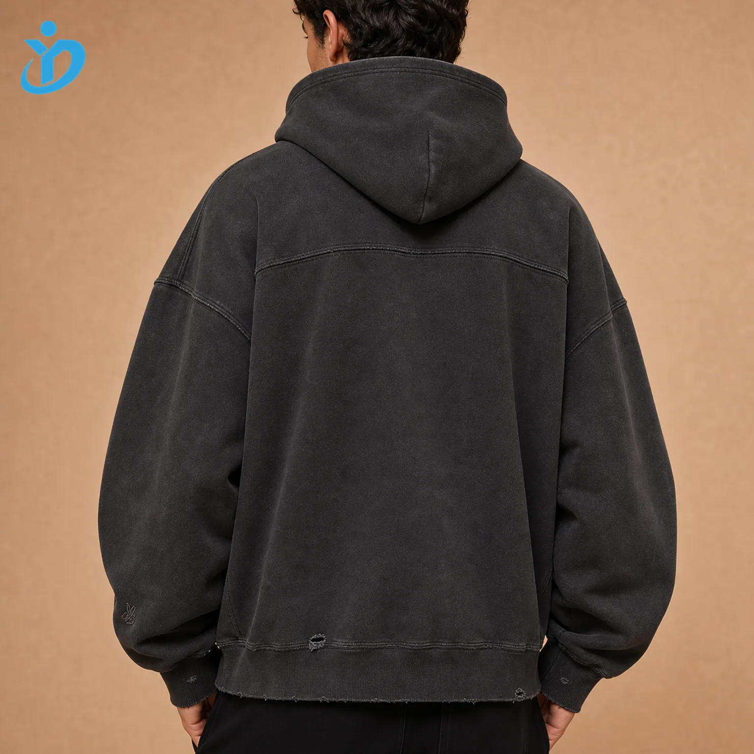 Upper body back view of custom mens boxy vintage washed hoodies showing no-drawcord hood boxy cropped silhouette reverse seams raw edge hem exposed panel stitching and Dongguan Yidi Clothing Co Ltd transparent logo
