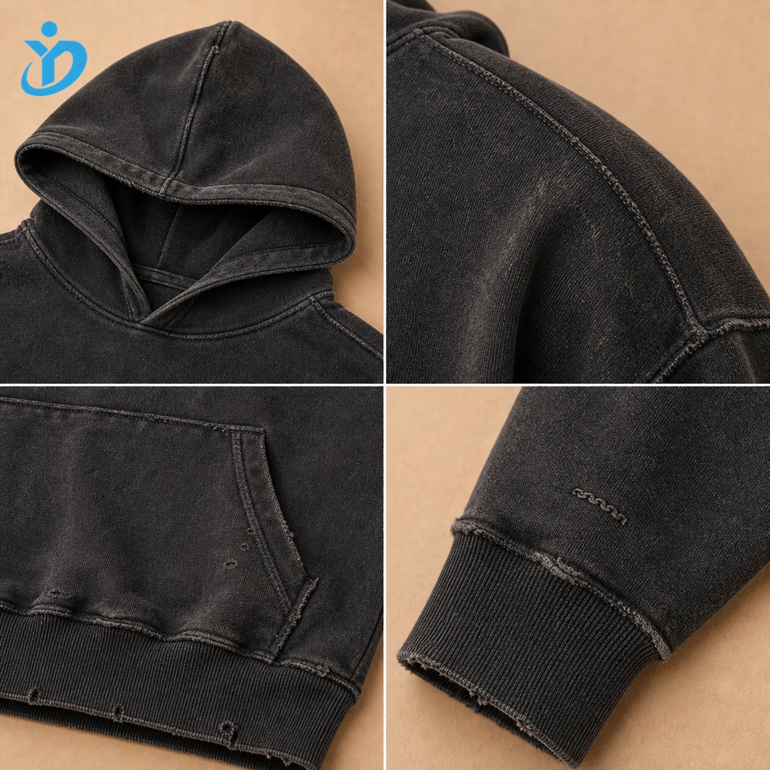 Upper body detail grid for custom mens boxy vintage washed hoodies showing double-layer hood reverse seam raw edge exposed stitching pocket hem distressing rib cuff and small chain stitch embroidery with Dongguan Yidi Clothing Co Ltd transparent logo