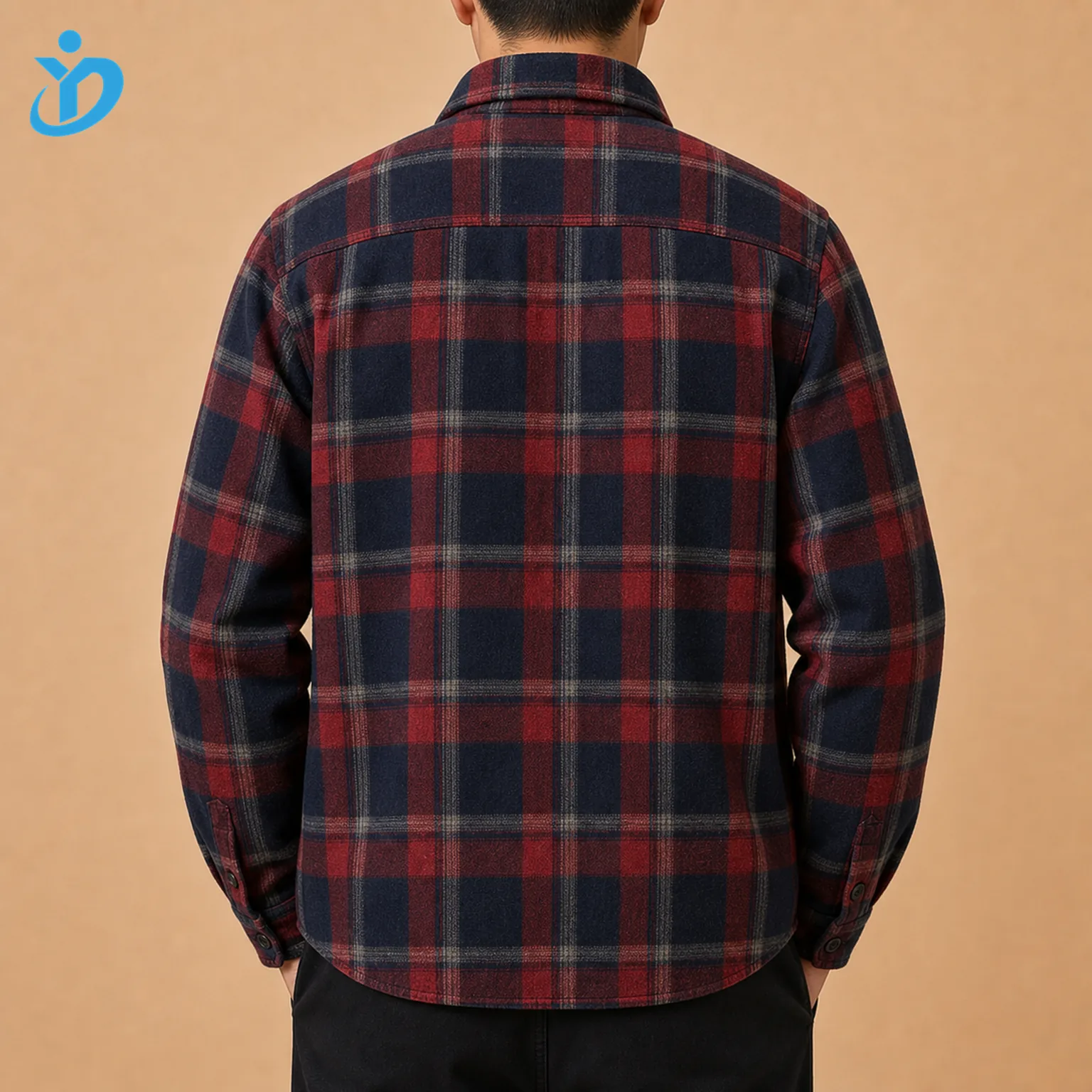 Upper body back view of custom mens brushed flannel plaid shirt with yarn dyed plaid fabric single side brushed surface back yoke plaid alignment long sleeves and Dongguan Yidi Clothing Co Ltd transparent logo