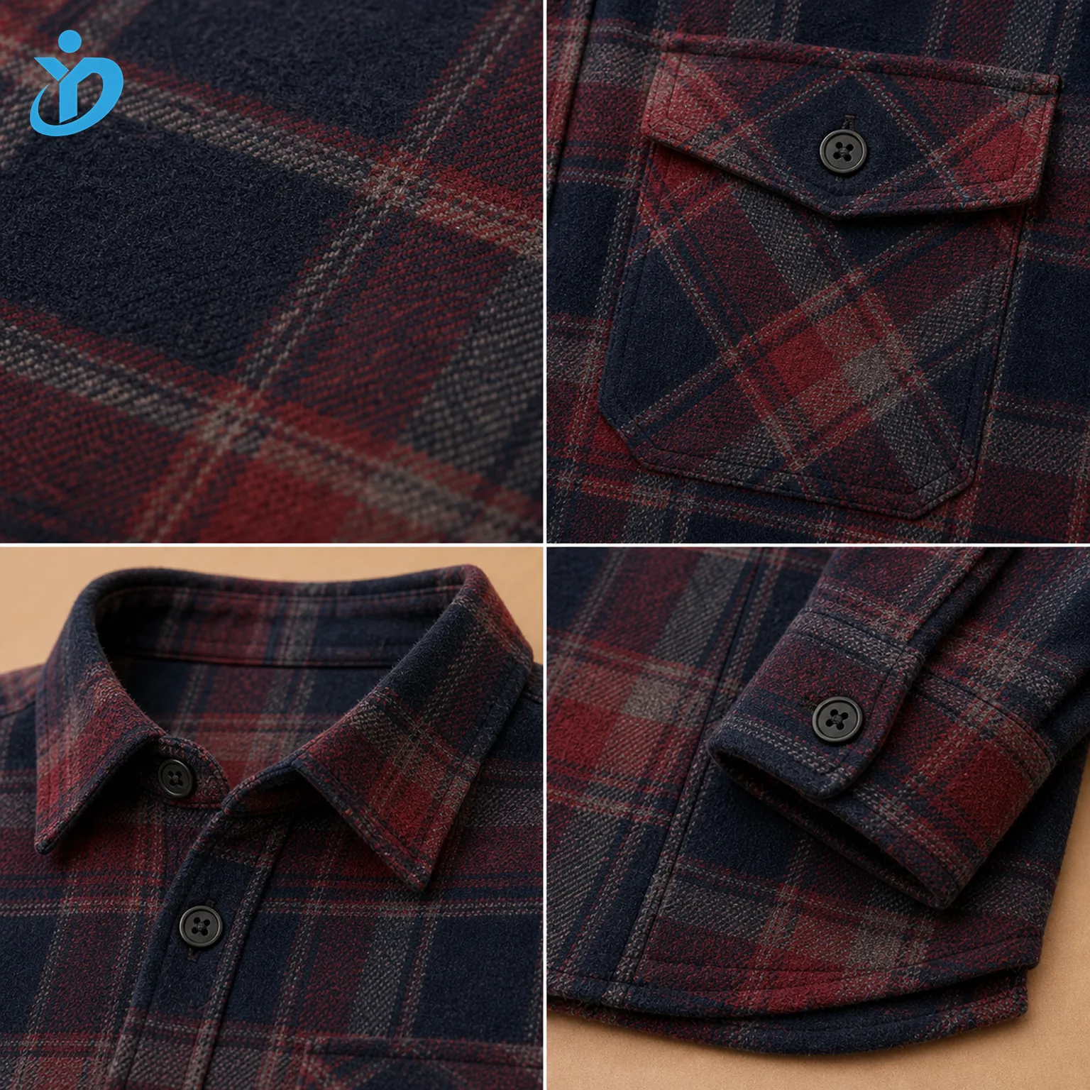 Detail grid for custom mens brushed flannel plaid shirt showing yarn dyed plaid fabric single side brushed fibers chest pocket button placket collar cuff hem and Dongguan Yidi Clothing Co Ltd transparent logo