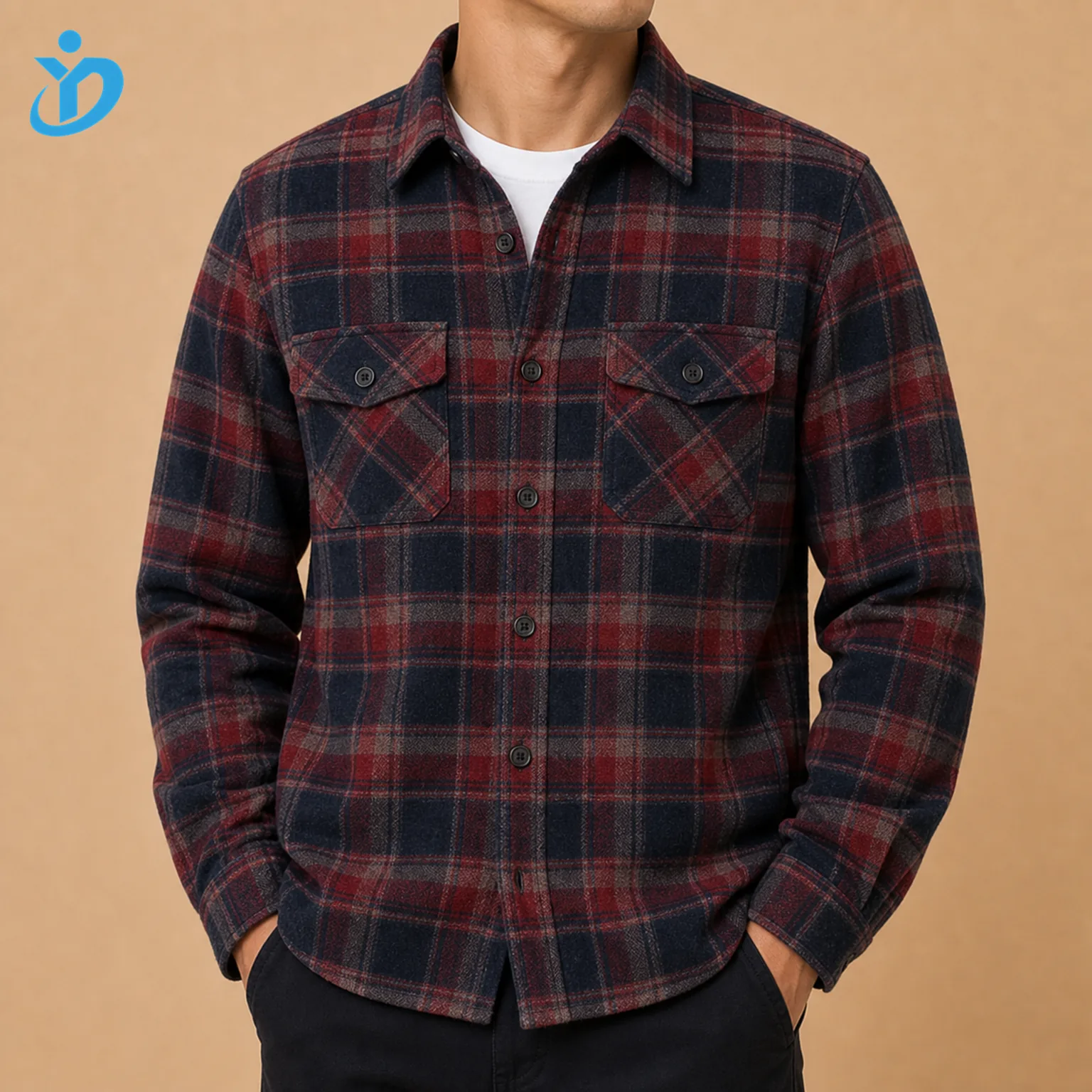 Upper body front view of custom mens brushed flannel plaid shirt with yarn dyed plaid fabric single side brushed surface chest flap pockets button closure and Dongguan Yidi Clothing Co Ltd transparent logo