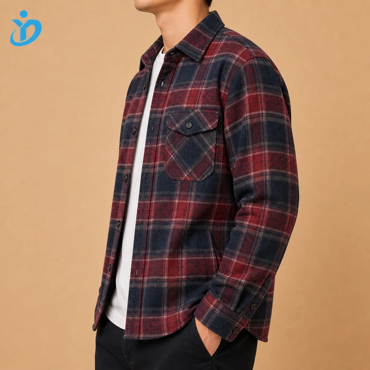 Upper body side view of custom mens brushed flannel plaid shirt showing yarn dyed red navy charcoal plaid fabric single side brushed flannel chest pocket dark buttons and Dongguan Yidi Clothing Co Ltd transparent logo
