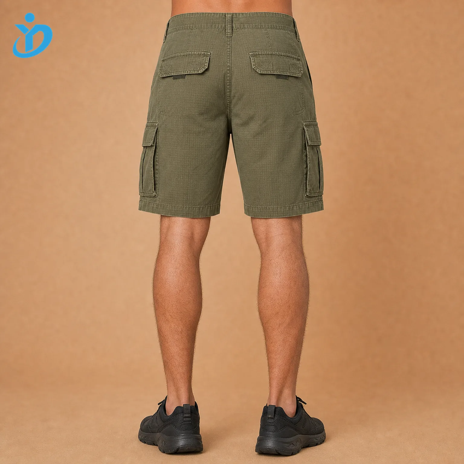 Lower body back view of custom mens cargo shorts showing enzyme washed olive ripstop fabric back flap pockets side cargo pocket edges belt loops bartack reinforcement and Dongguan Yidi Clothing Co Ltd transparent logo