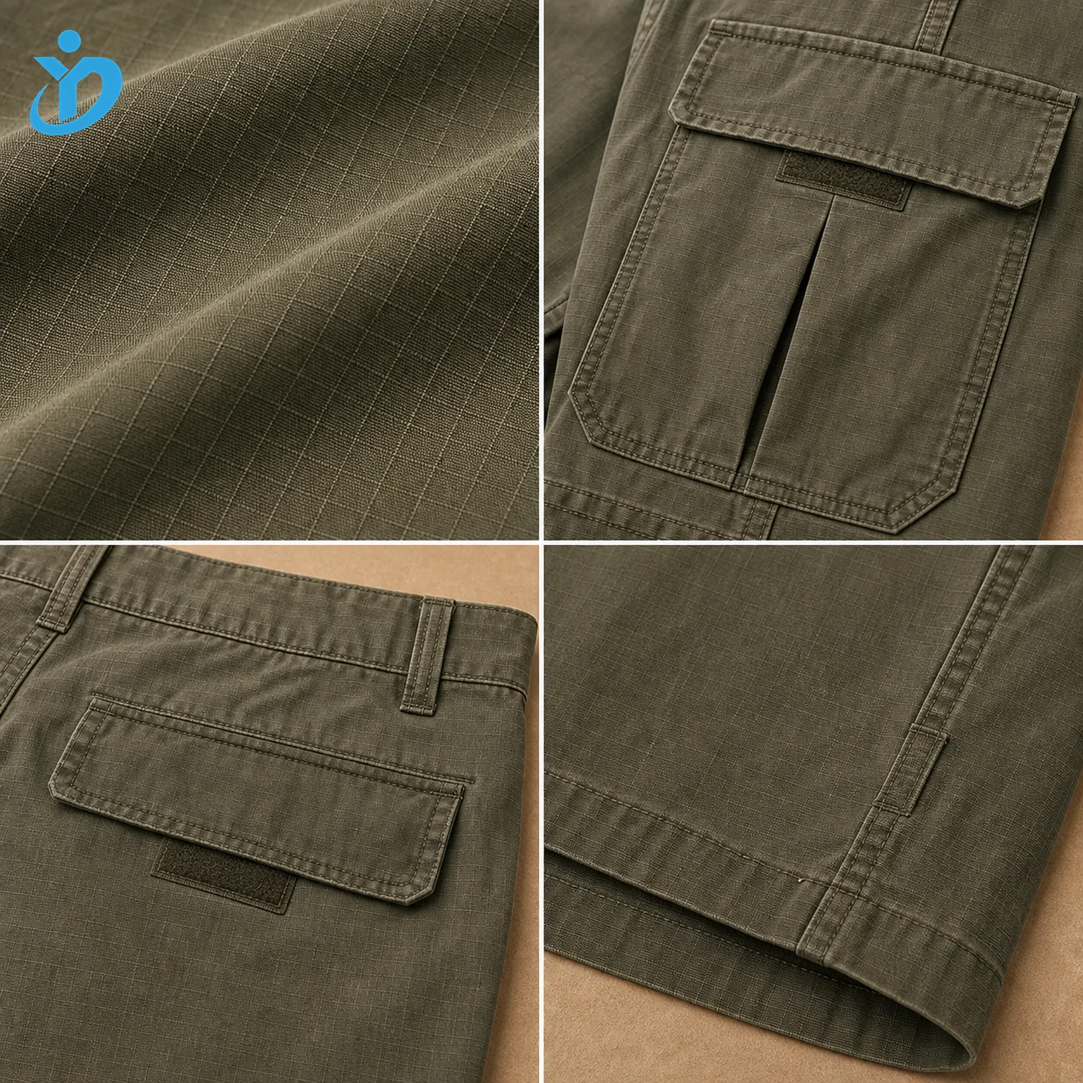 Lower body detail grid for custom mens cargo shorts showing ripstop grid fabric large cargo pocket Velcro flap back pocket bartack reinforcement utility seams and enzyme wash with Dongguan Yidi Clothing Co Ltd transparent logo