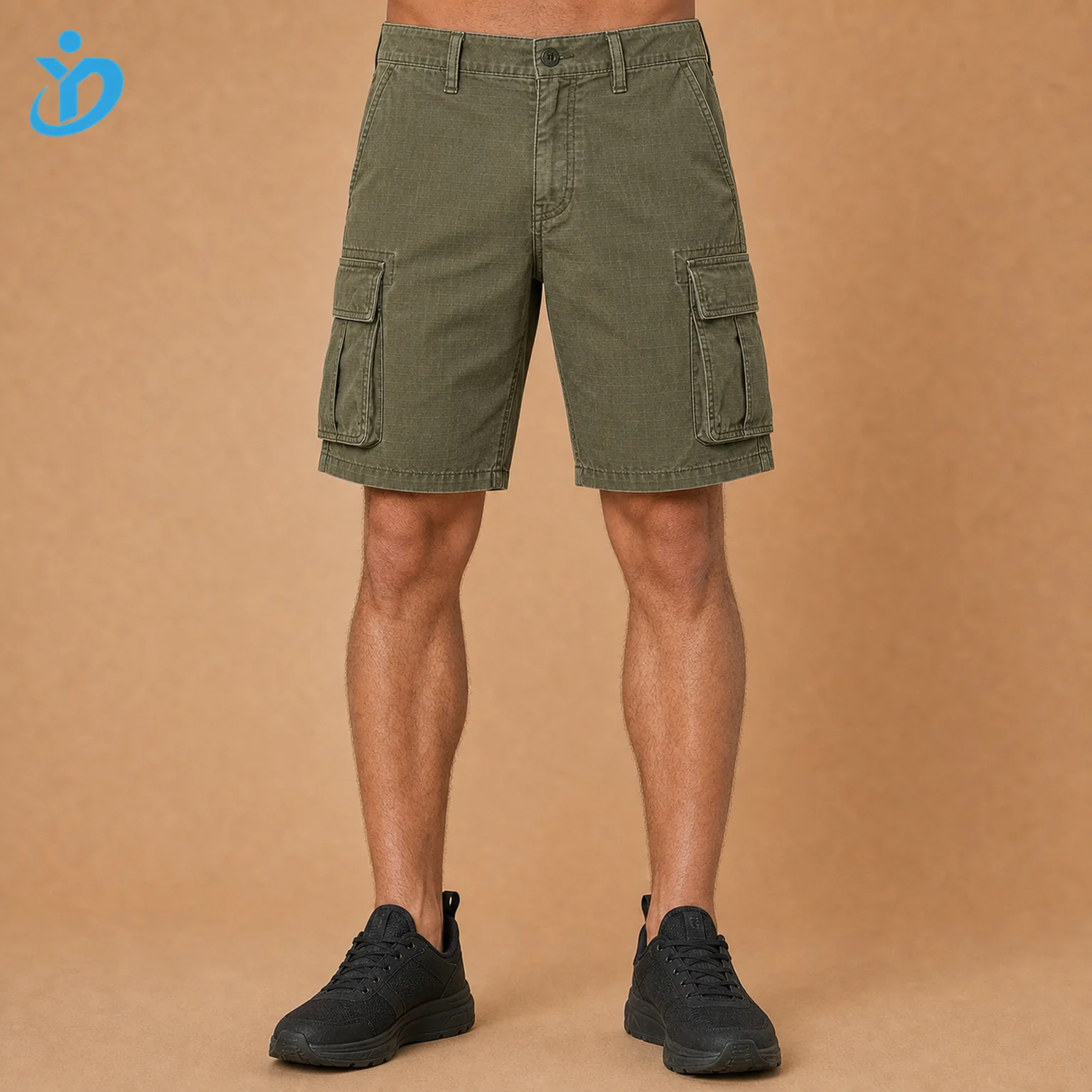 Lower body front view of custom mens cargo shorts in enzyme washed olive green ripstop fabric with large cargo pockets Velcro pocket flaps utility design bartack reinforcement and Dongguan Yidi Clothing Co Ltd transparent logo