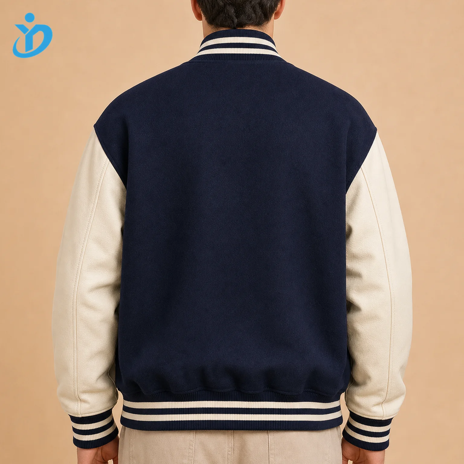 Custom Men's Classic American Varsity Jacket back view with transparent company logo