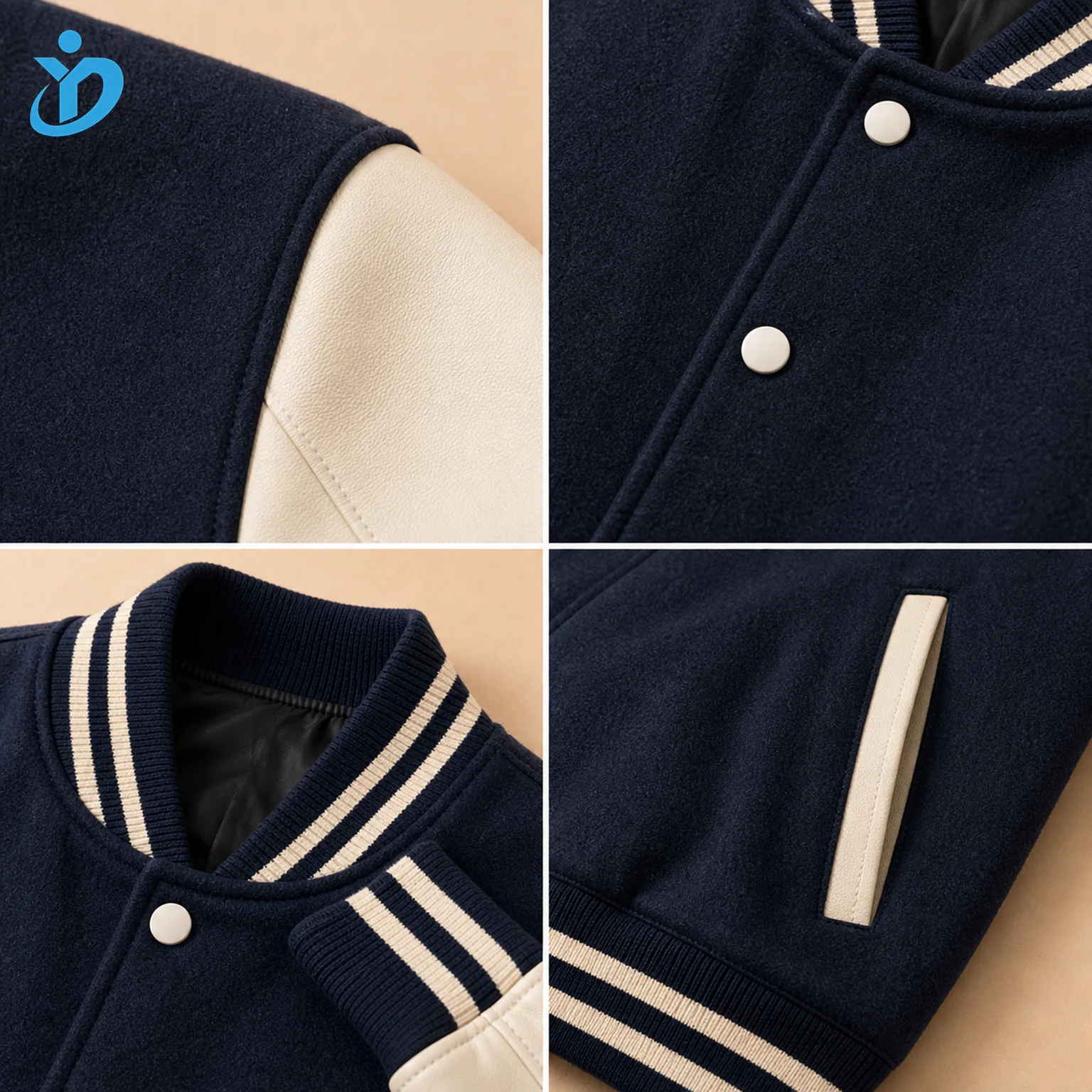 Custom Men's Classic American Varsity Jacket detail grid with transparent company logo