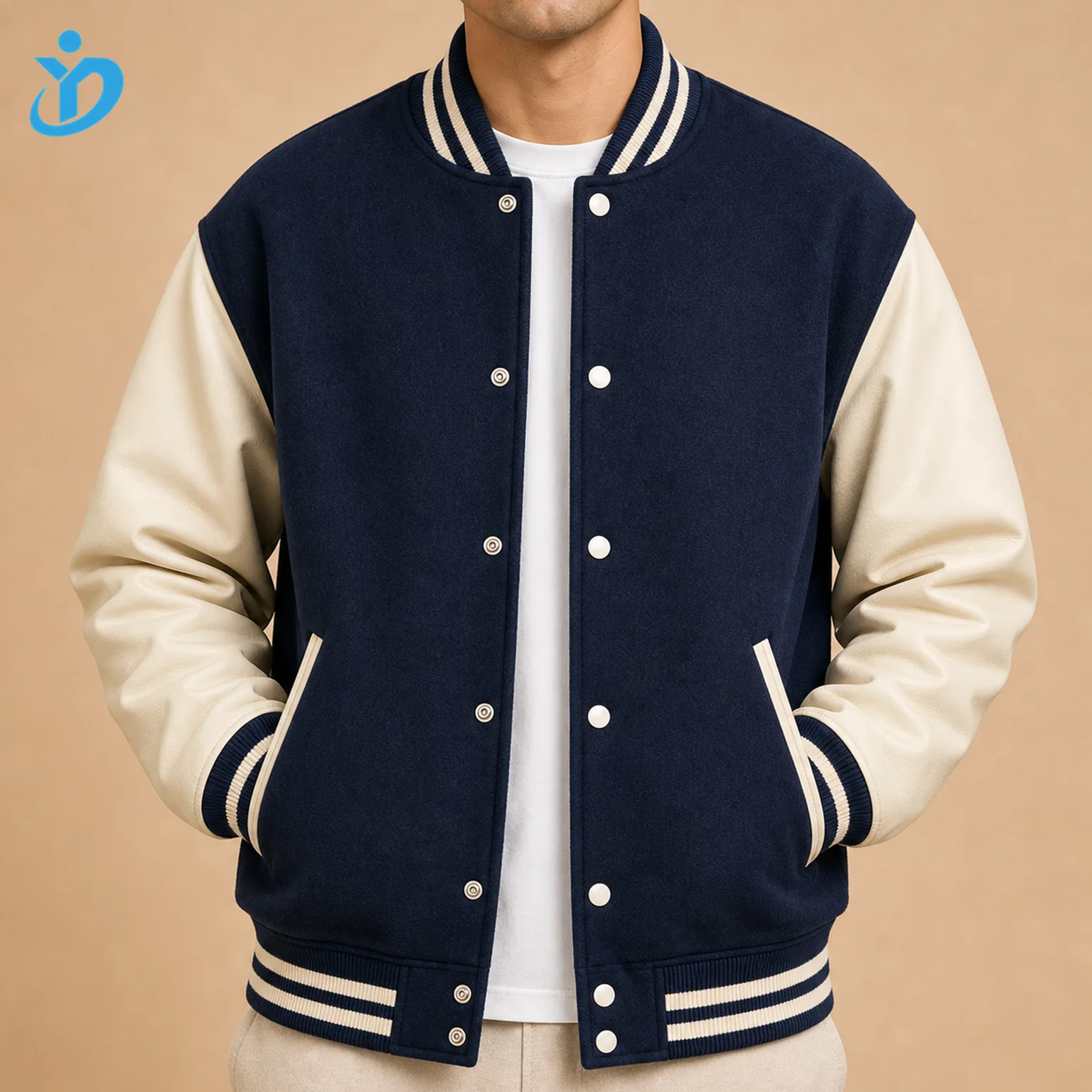 Custom Men's Classic American Varsity Jacket front view with transparent company logo