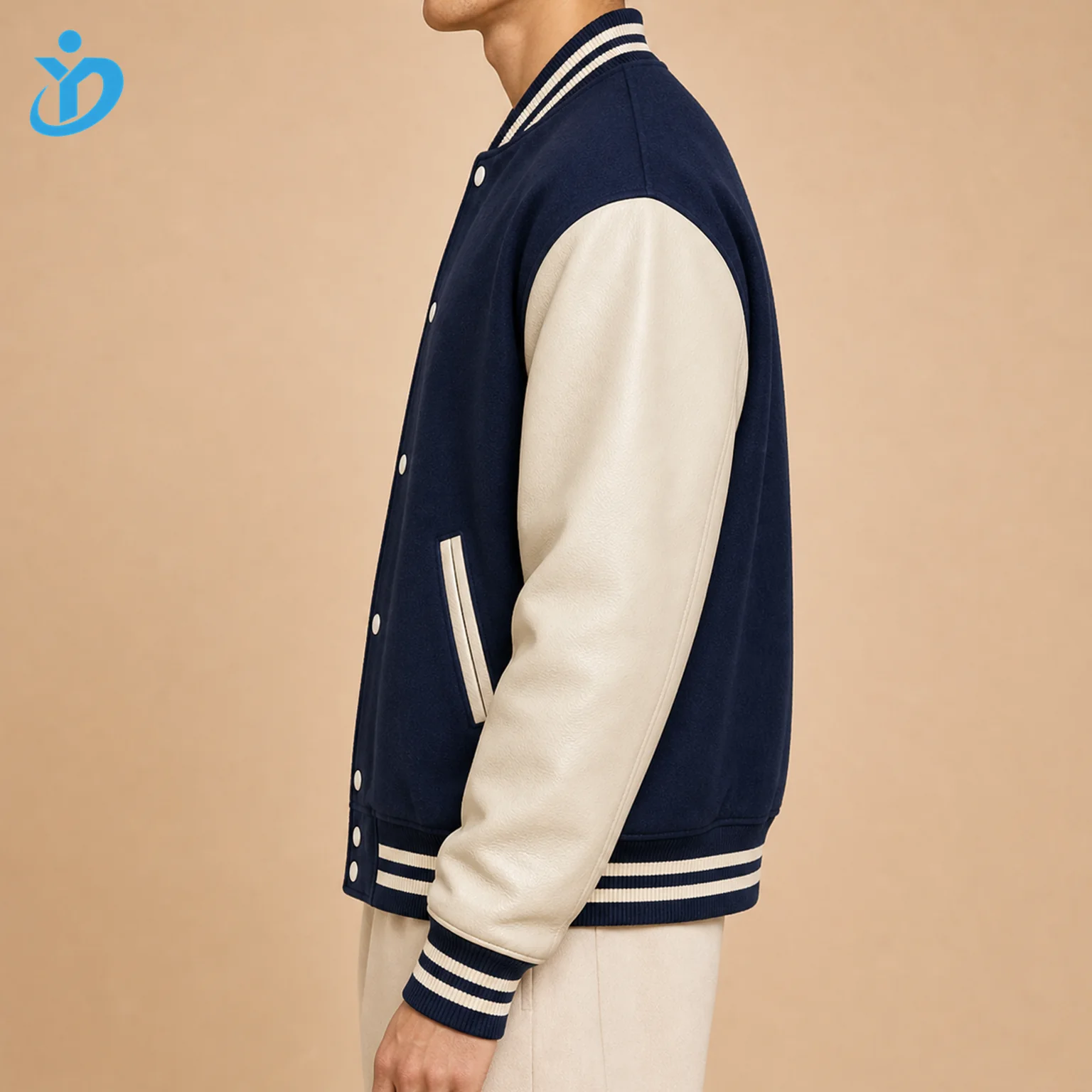 Custom Men's Classic American Varsity Jacket side view with transparent company logo