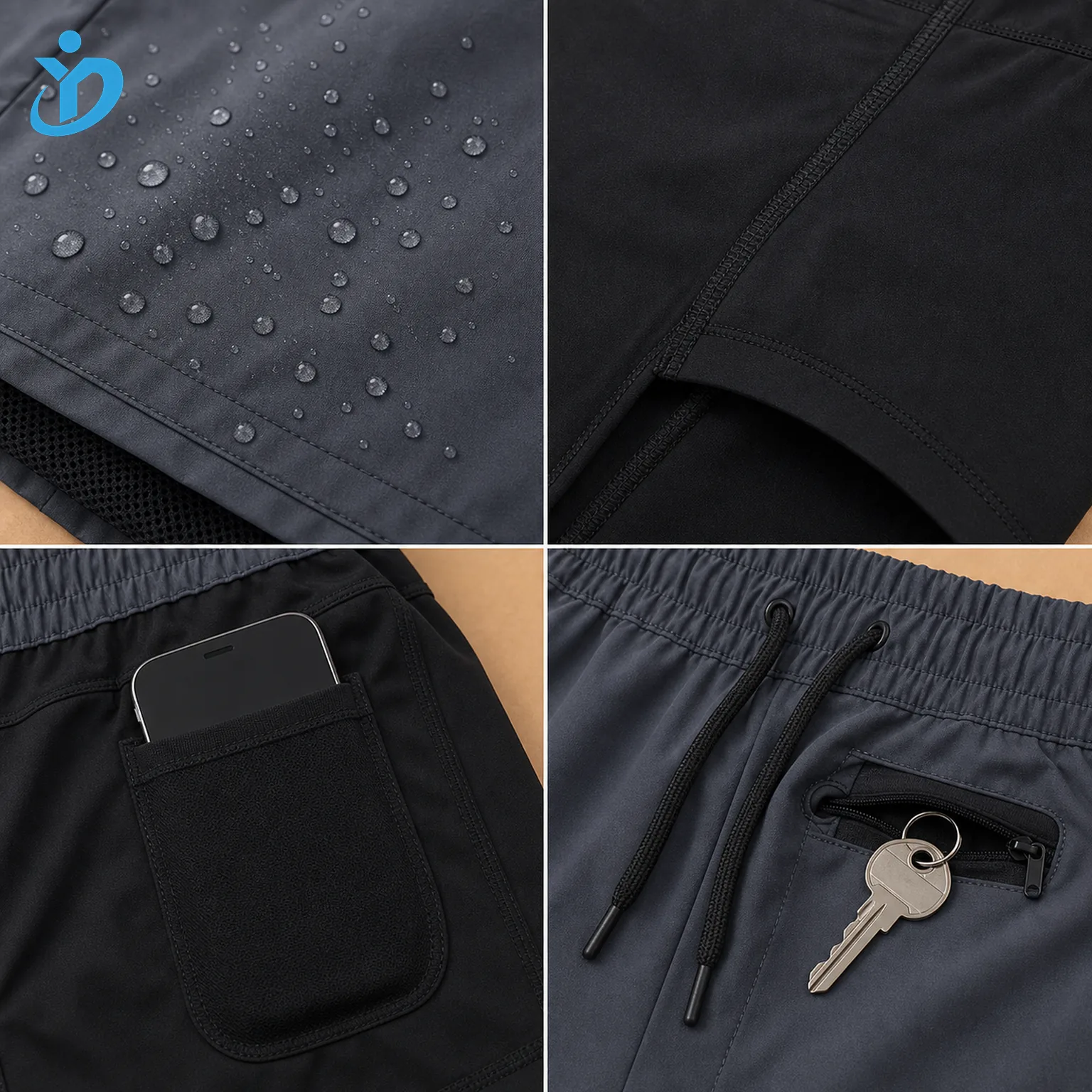 Detail grid for custom mens compression liner swim shorts showing quick dry outer fabric water droplets black anti chafing compression liner phone pocket hidden key pocket waistband drawcord and Dongguan Yidi Clothing Co Ltd transparent logo