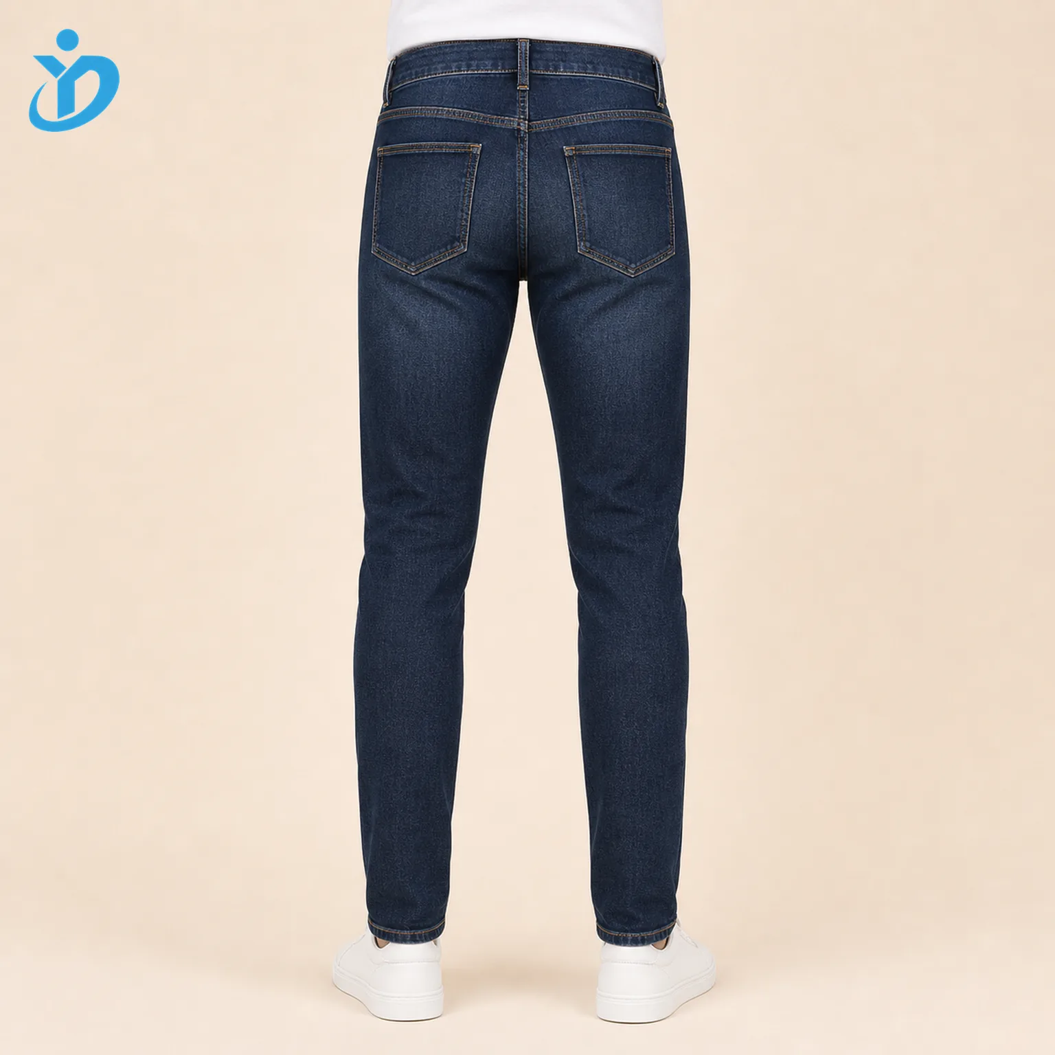Custom mens dark indigo slim fit jeans back view lower body model with back pockets tapered slim fit and Dongguan Yidi Clothing Co Ltd transparent logo
