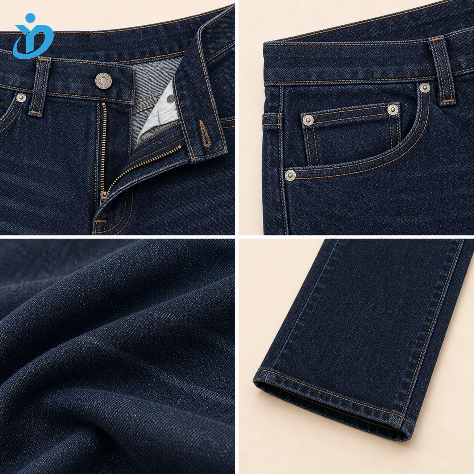 Custom mens dark indigo slim fit jeans detail grid showing waistband zipper fly coin pocket dark denim fabric tapered hem and Dongguan Yidi Clothing Co Ltd transparent logo