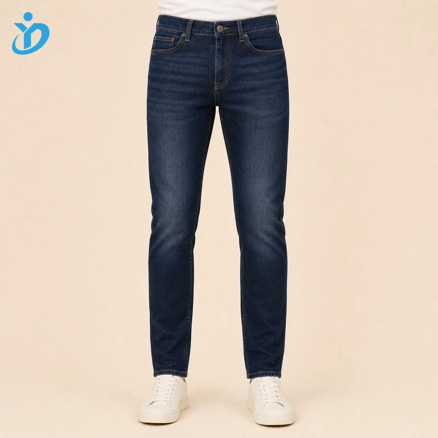 Custom mens dark indigo slim fit jeans front view lower body model with tapered slim leg and Dongguan Yidi Clothing Co Ltd transparent logo