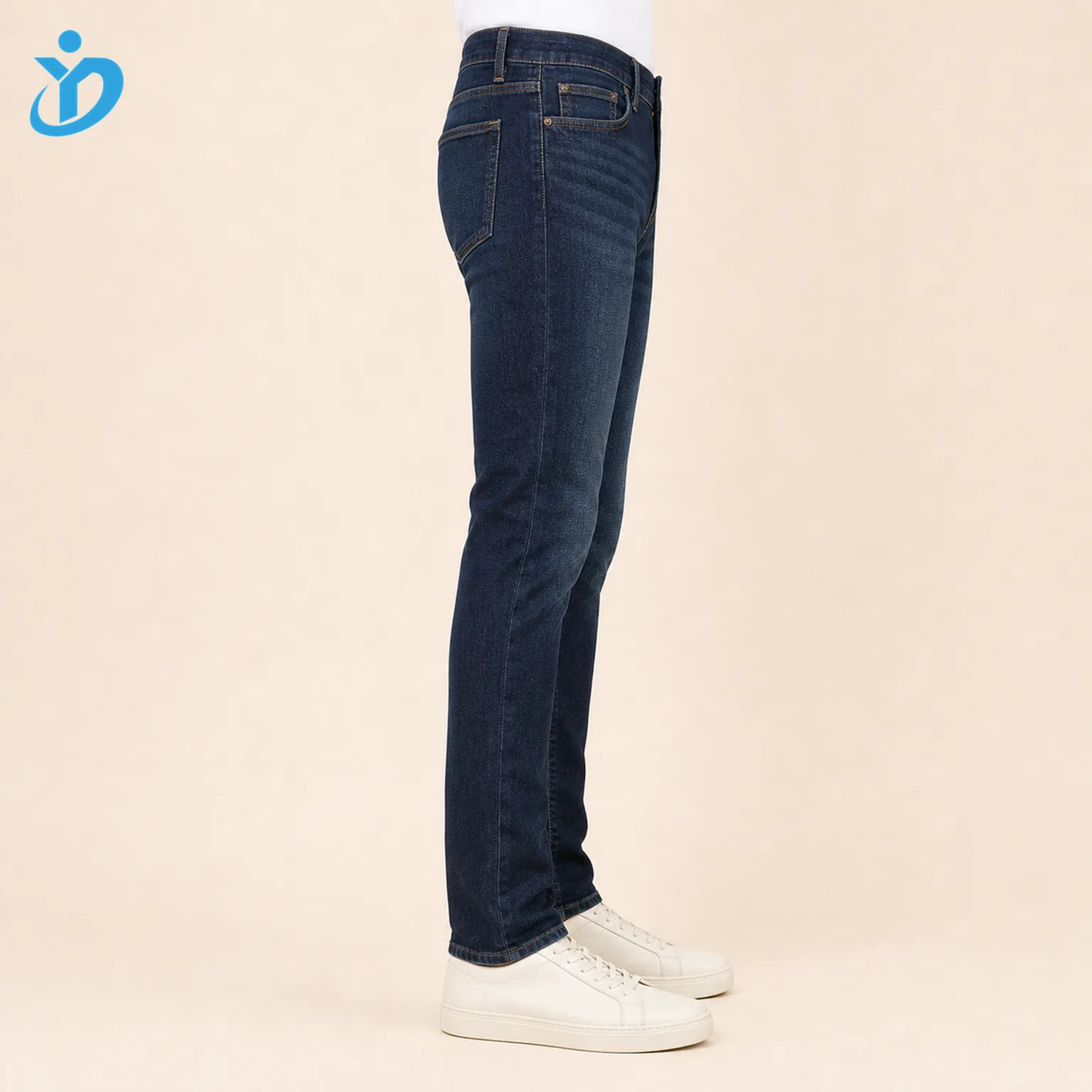 Custom mens dark indigo slim fit jeans side view lower body model for OEM ODM denim jeans manufacturing with Dongguan Yidi Clothing Co Ltd transparent logo