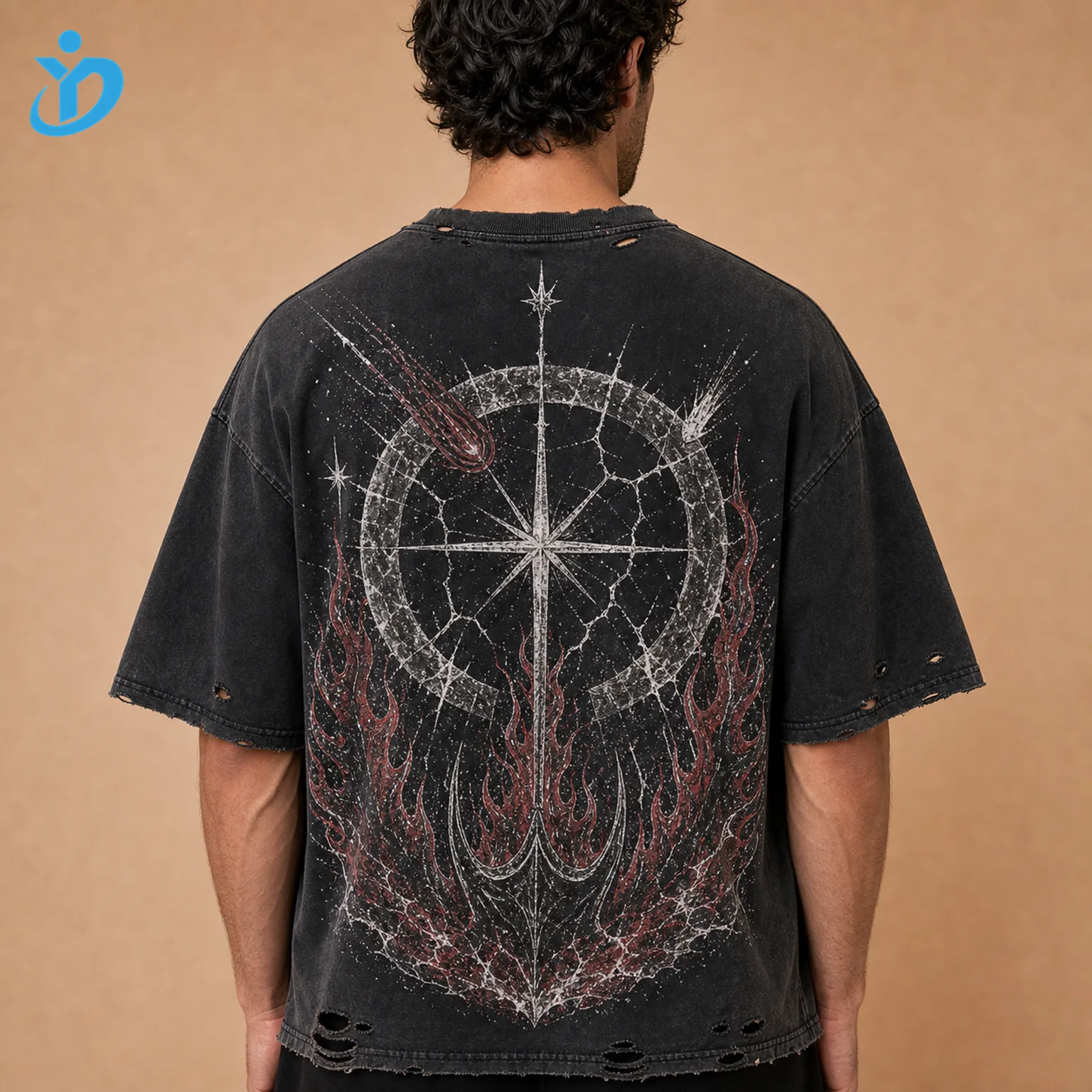 Upper body back view of custom mens distressed vintage graphic T-shirts showing black destroyed vintage wash large back dark celestial flame screen print and Dongguan Yidi Clothing Co Ltd transparent logo