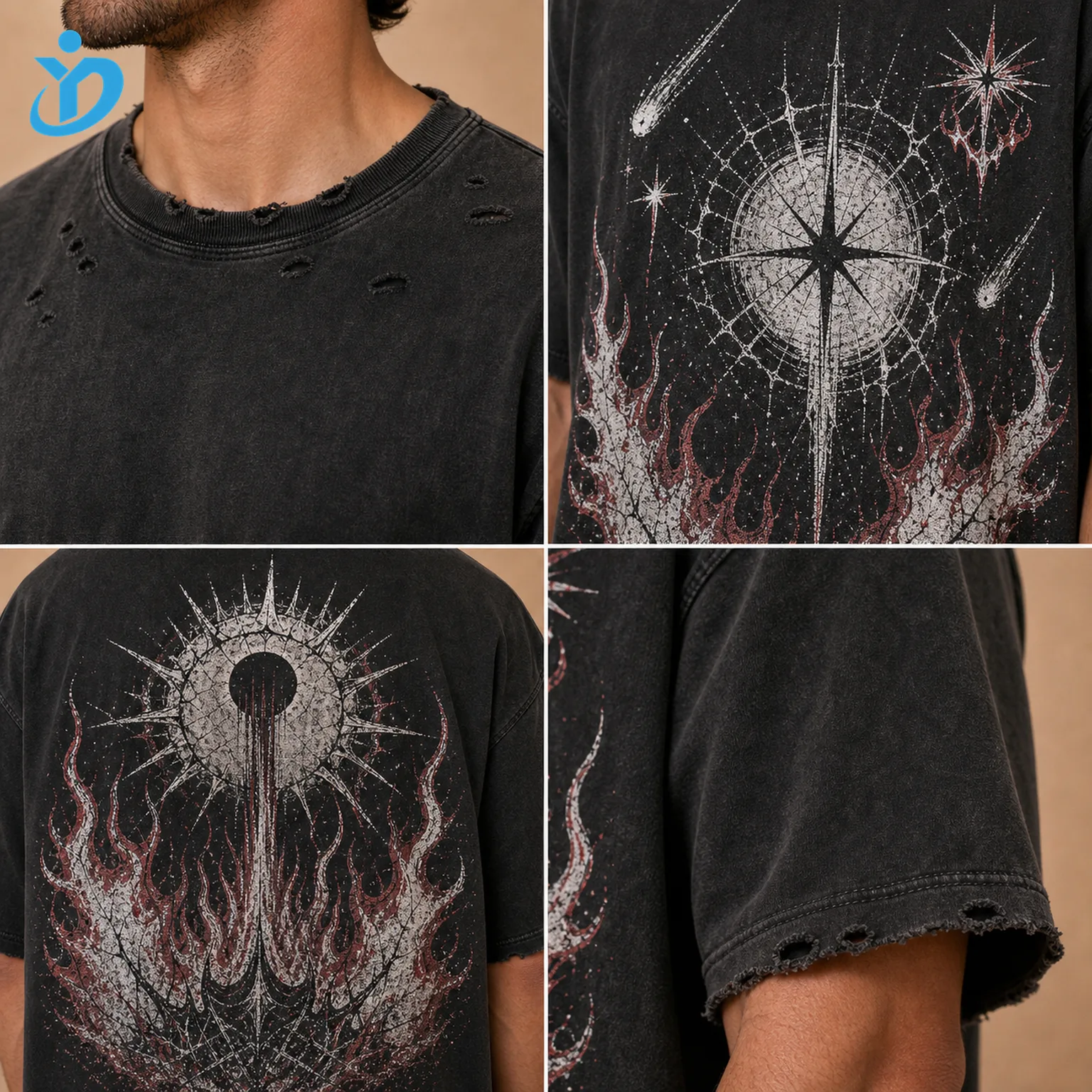 Upper body detail grid for custom mens distressed vintage graphic T-shirts showing ripped neck destroyed holes vintage wash large front and back screen print raw edge hem and Dongguan Yidi Clothing Co Ltd transparent logo