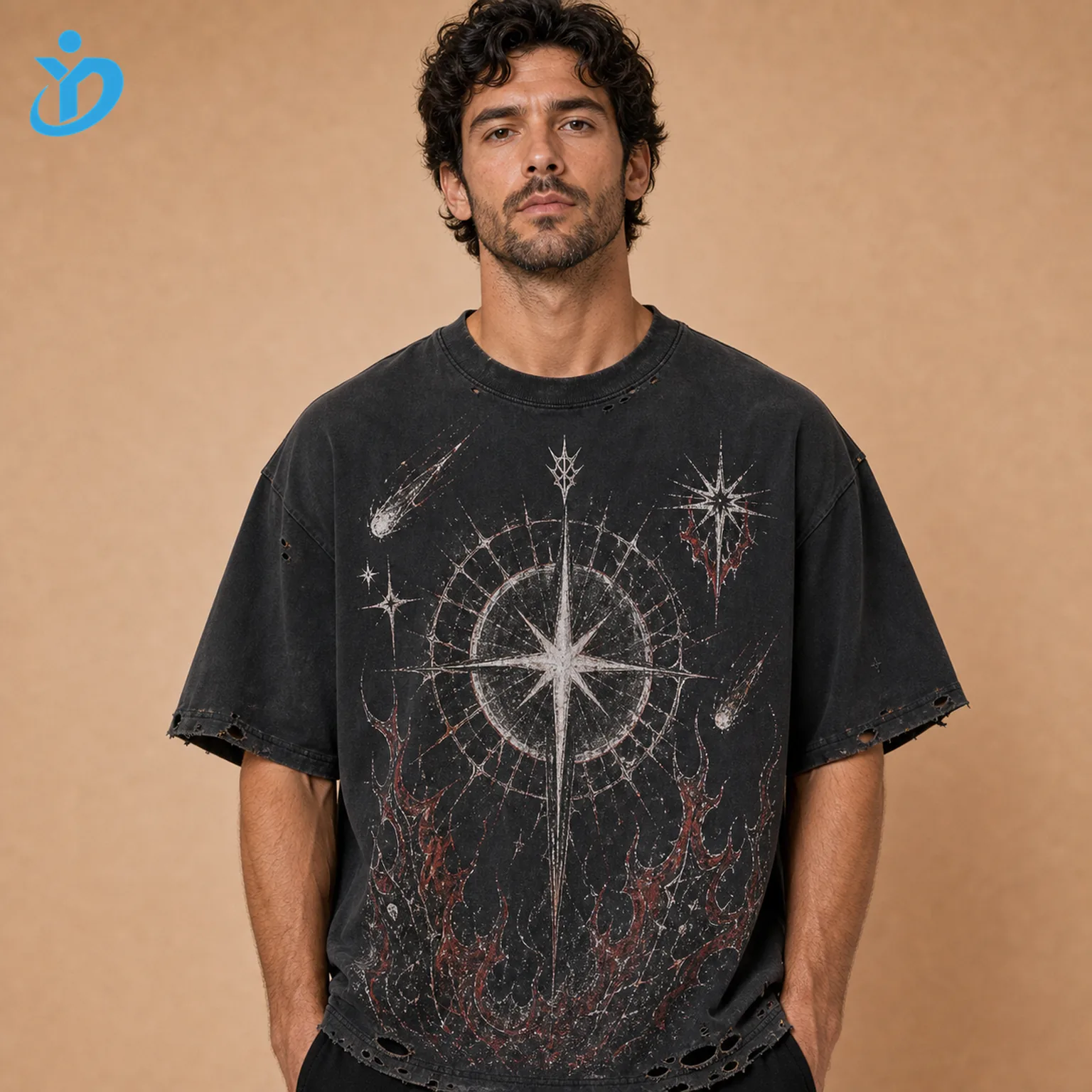 Upper body front view of custom mens distressed vintage graphic T-shirts in black with oversized fit destroyed holes large front dark celestial flame screen print and Dongguan Yidi Clothing Co Ltd transparent logo
