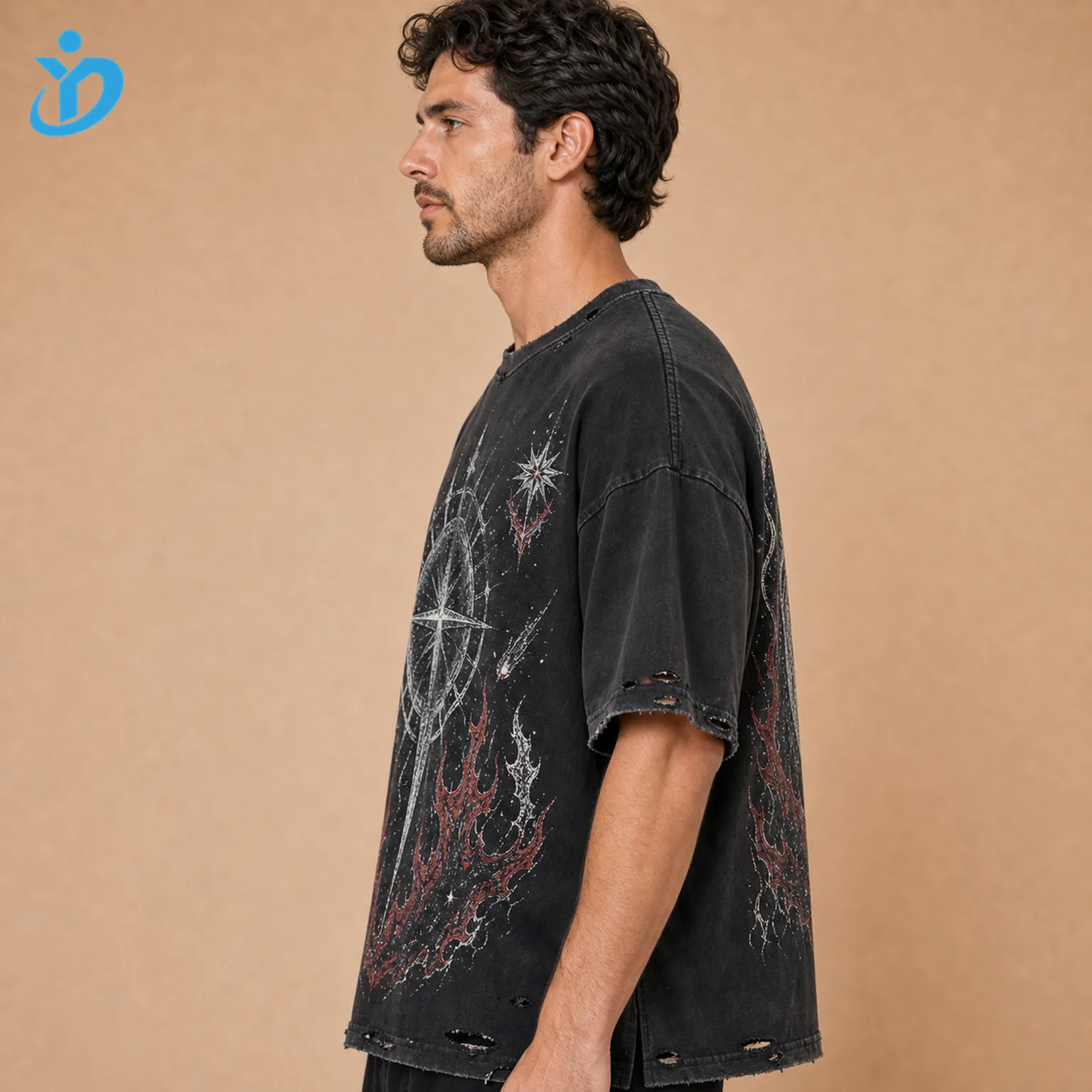 Upper body side view of custom mens distressed vintage graphic T-shirts showing black vintage wash oversized fit raw edge holes side graphic print and Dongguan Yidi Clothing Co Ltd transparent logo