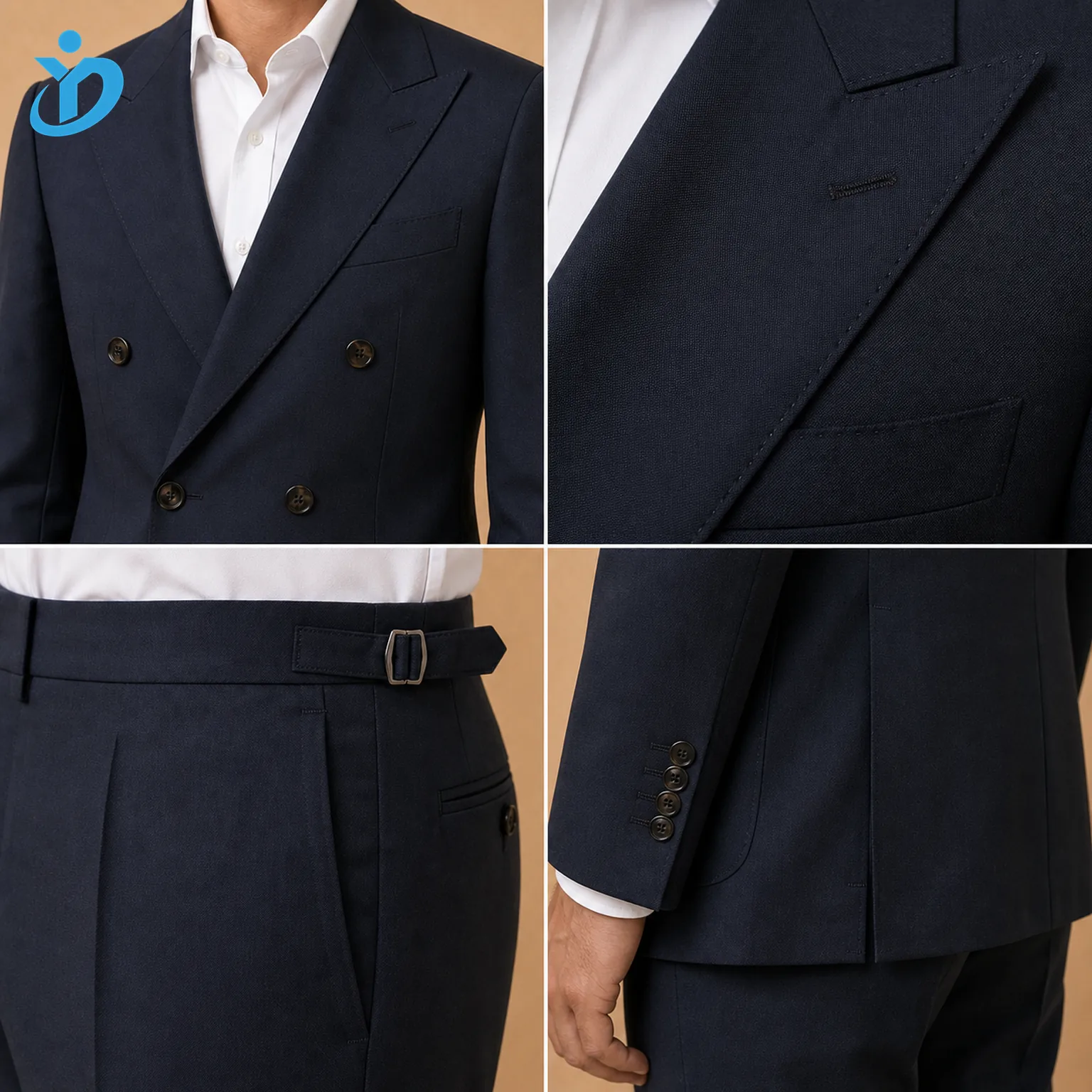 Detail grid for custom mens double breasted suit showing 6x2 button structure wide peak lapel AMF pick stitching side adjuster trousers true sleeve vent double vents and Dongguan Yidi Clothing Co Ltd transparent logo