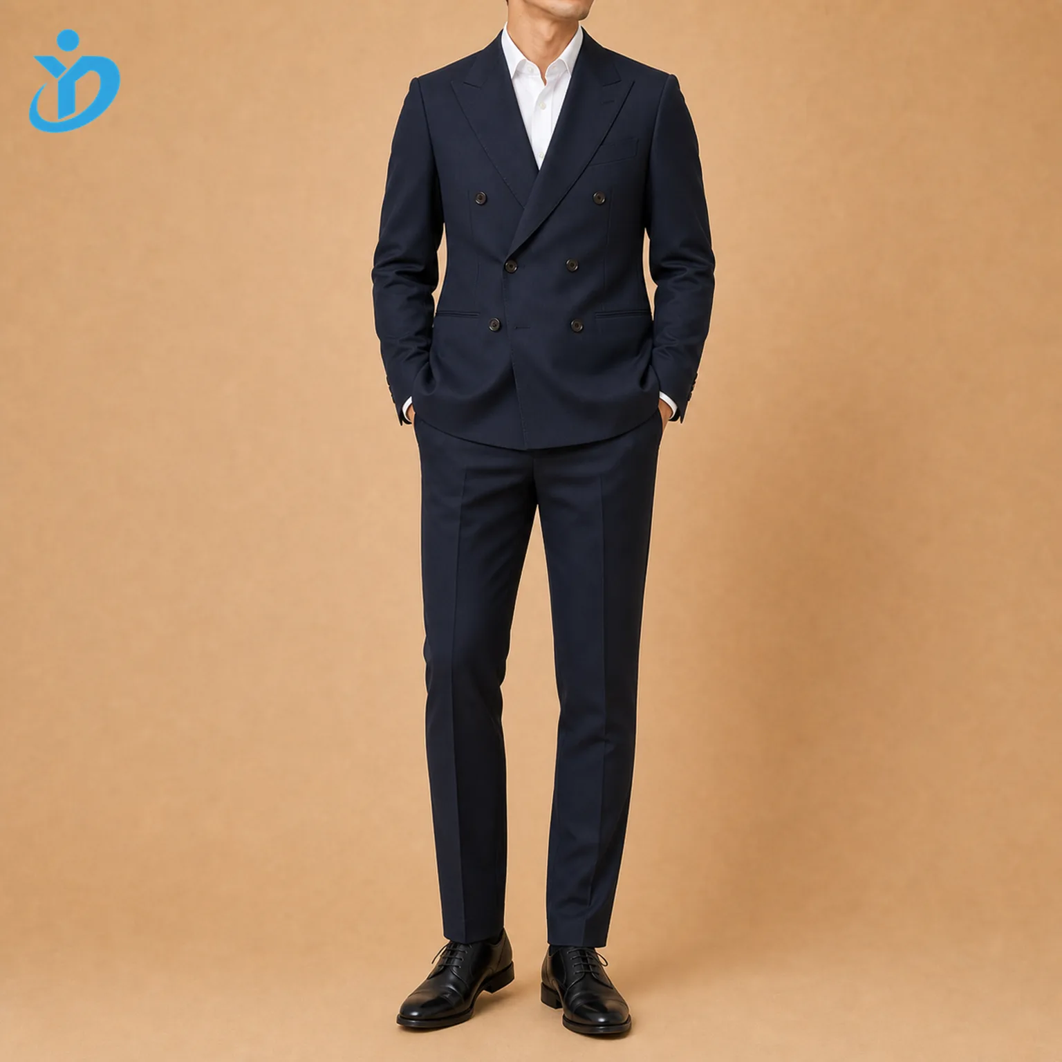 Full body front view of custom mens double breasted suit with deep navy 6x2 jacket wide peak lapel natural shoulder high waist trousers side adjusters black shoes and Dongguan Yidi Clothing Co Ltd transparent logo