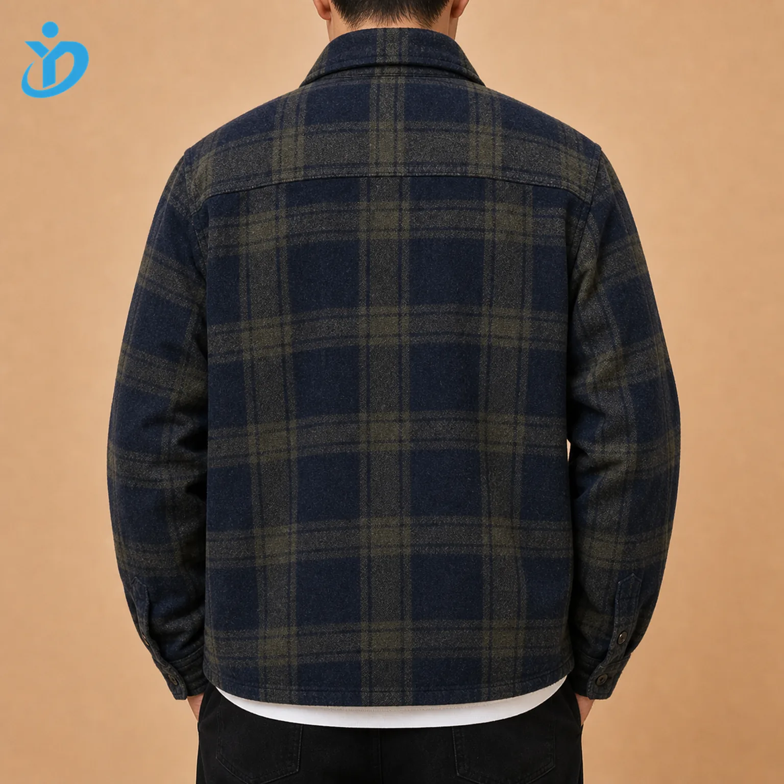 Upper body back view of custom mens flannel overshirt jacket with navy charcoal olive plaid brushed flannel back yoke straight hem relaxed fit and Dongguan Yidi Clothing Co Ltd transparent logo
