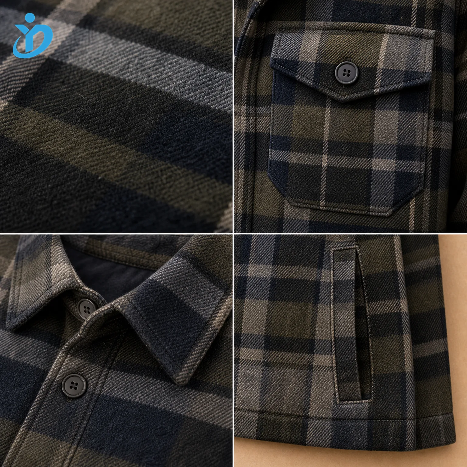 Detail grid for custom mens flannel overshirt jacket showing brushed flannel plaid fabric chest flap pocket front button placket collar seam side pocket straight hem and Dongguan Yidi Clothing Co Ltd transparent logo