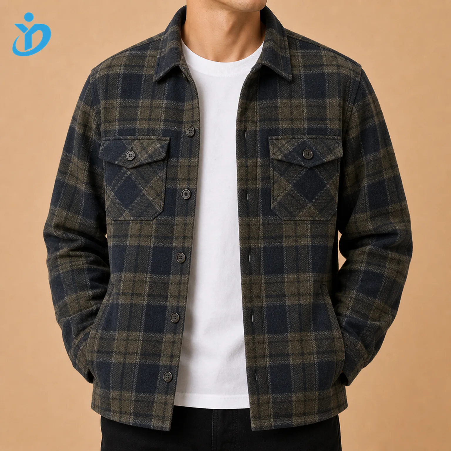 Upper body front view of custom mens flannel overshirt jacket with shirt jacket hybrid design navy charcoal olive plaid brushed flannel chest flap pockets button closure and Dongguan Yidi Clothing Co Ltd transparent logo