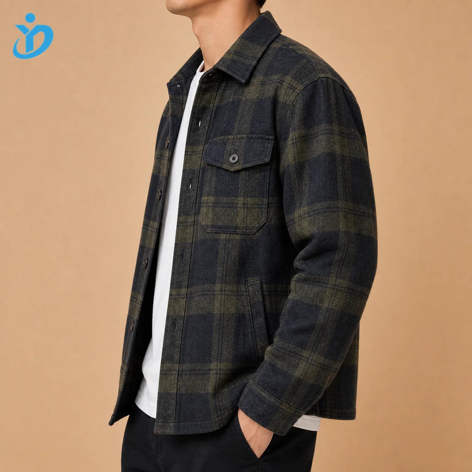 Upper body side view of custom mens flannel overshirt jacket showing heavyweight plaid brushed flannel shirt jacket construction chest pocket side seam pocket button closure and Dongguan Yidi Clothing Co Ltd transparent logo