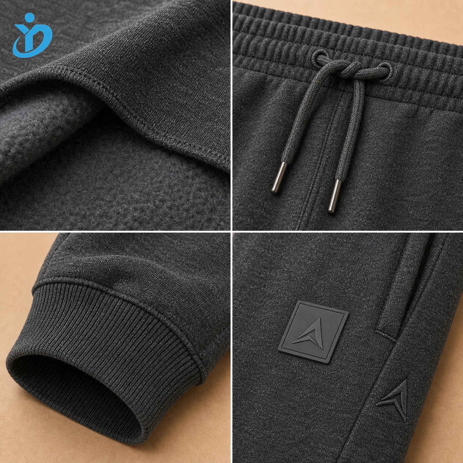Detail grid for custom mens French Terry fleece jogger pants showing French Terry knit fleece backing elastic waistband drawcord rib cuff silicone logo embroidery stitches and Dongguan Yidi Clothing Co Ltd transparent logo