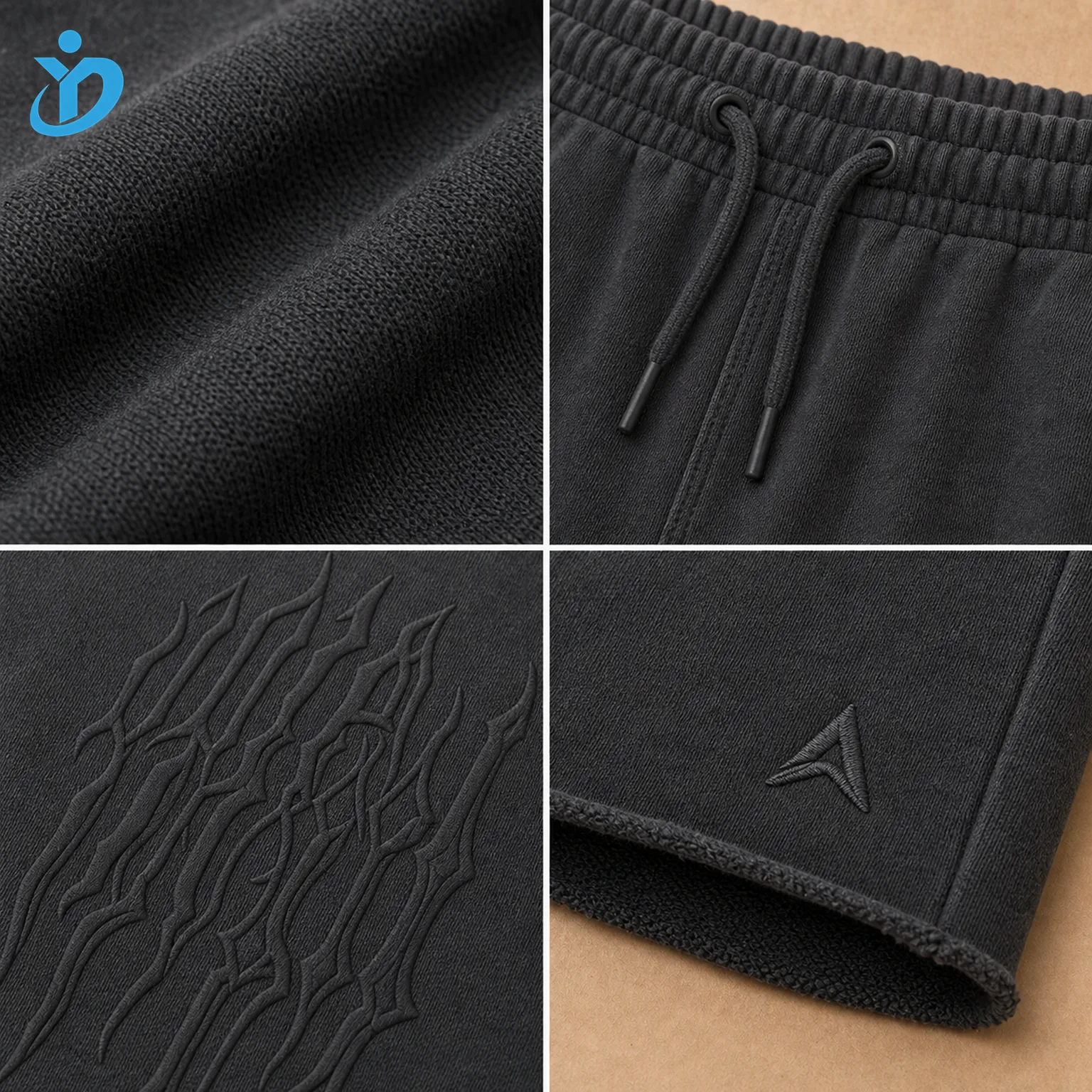 Detail views of custom men's french terry sweat shorts