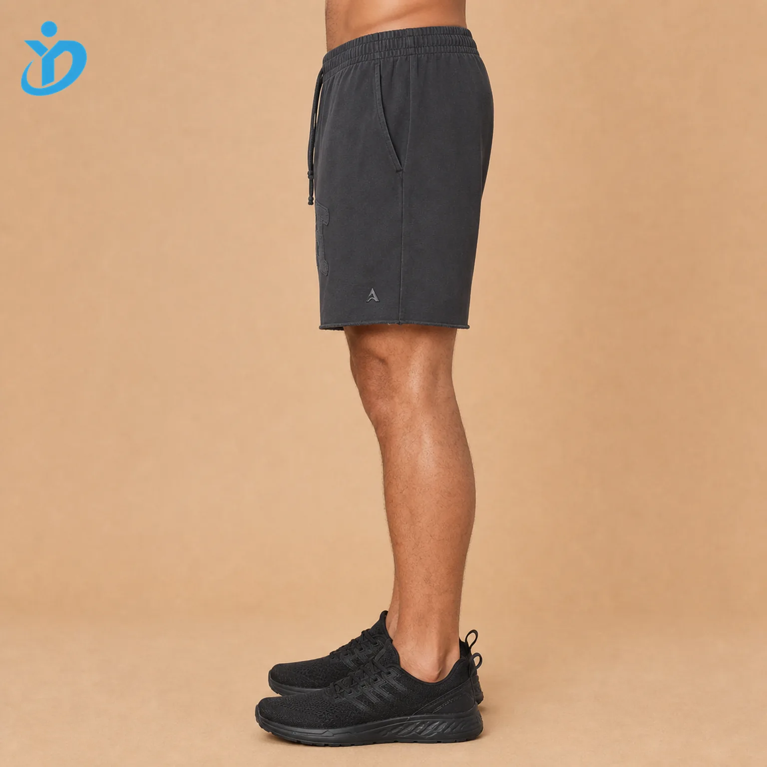 Side view of custom men's french terry sweat shorts