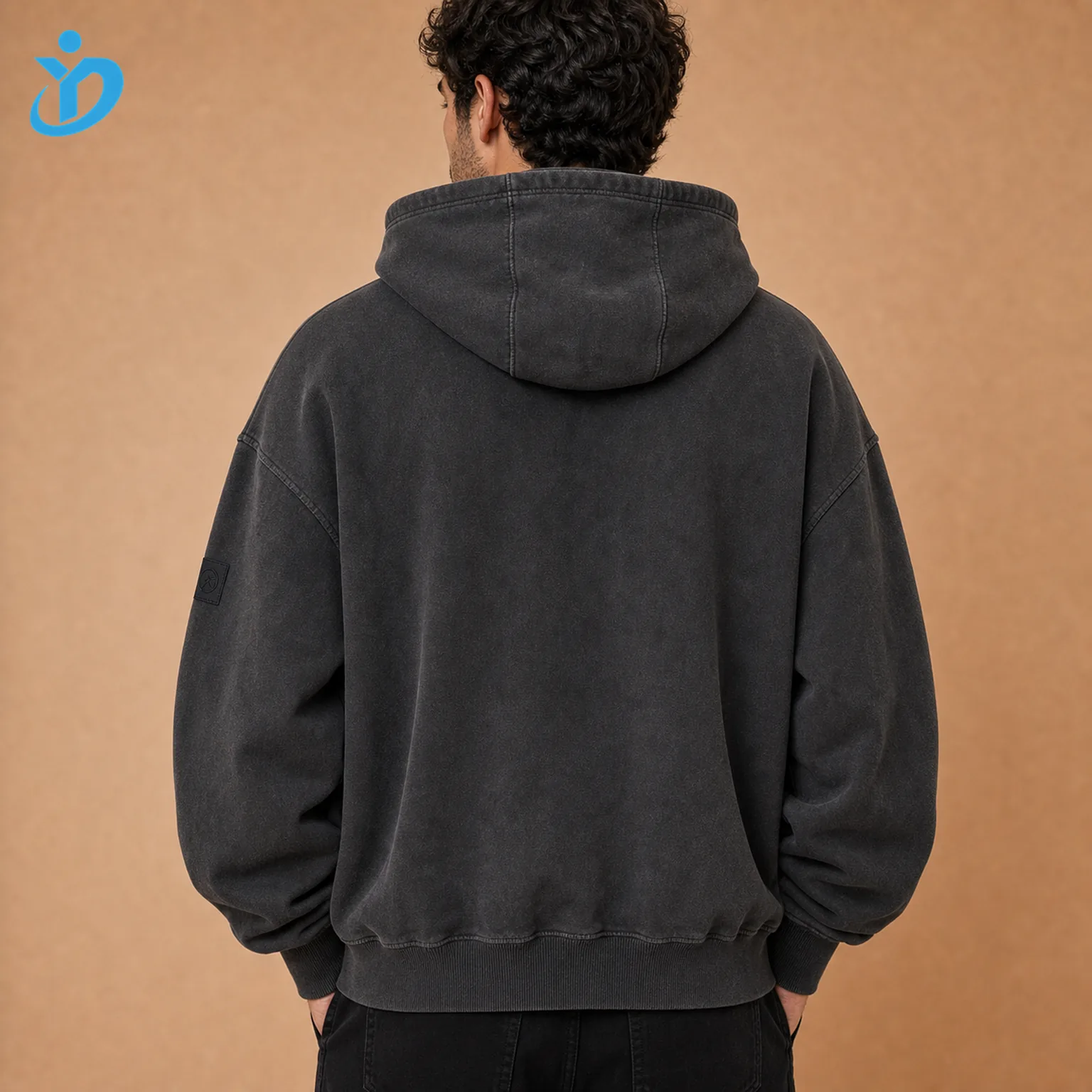 Upper body back view of custom mens full-zip hoodies showing relaxed fit three-piece hood clean back panel rib hem sleeve cuff and Dongguan Yidi Clothing Co Ltd transparent logo